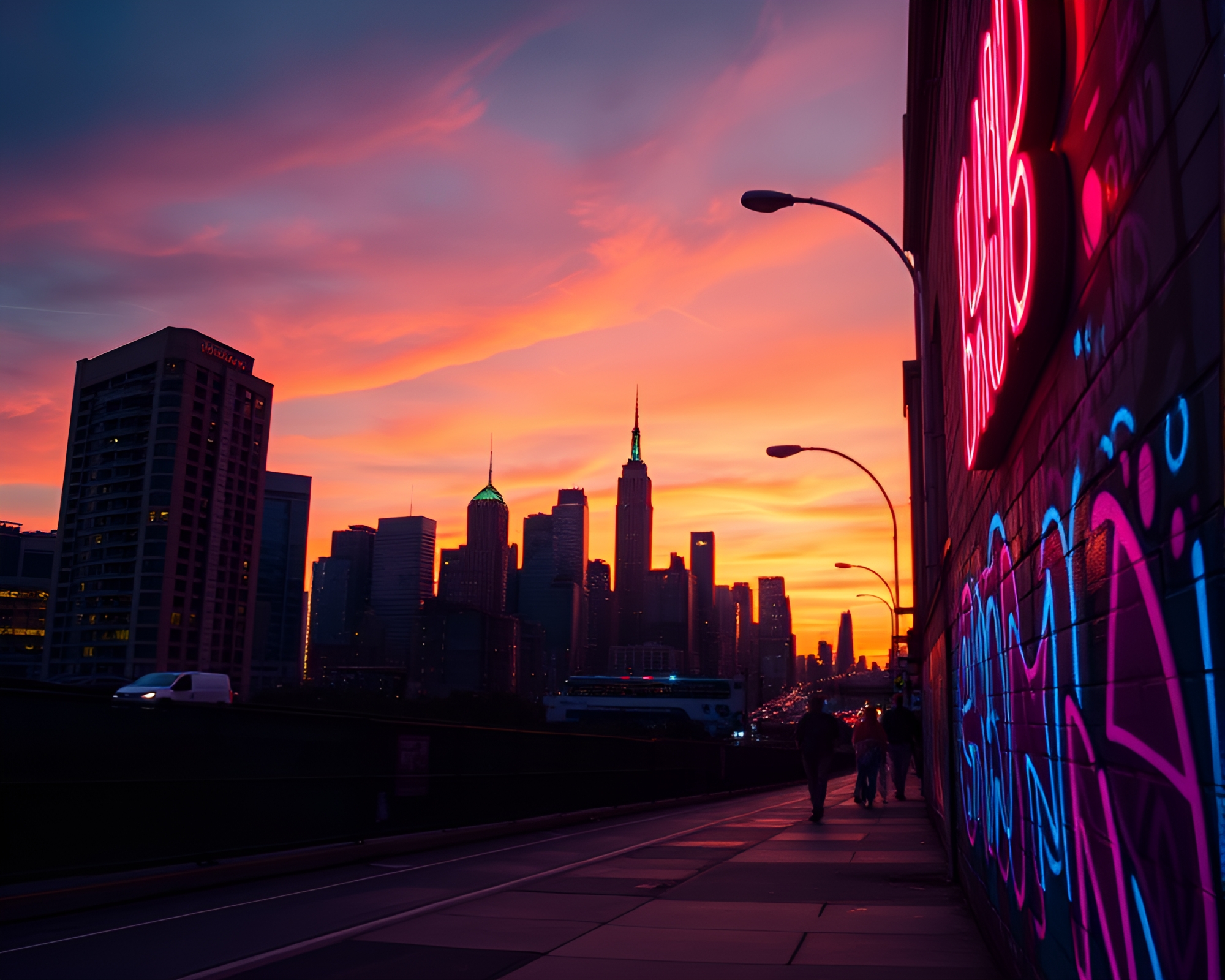 Glowing Neon Graffiti Skyline at Sunset Motion Capture – free AI stock image