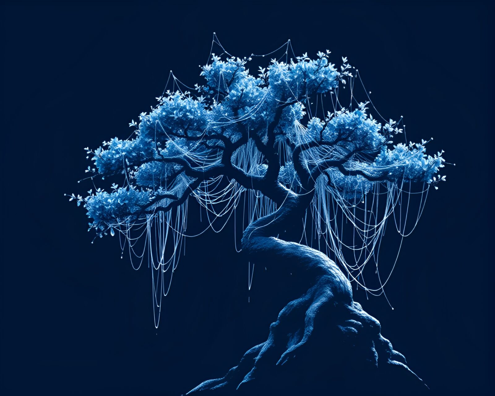 Pixel art of a bonsai tree entangled in cobwebs in blue tones