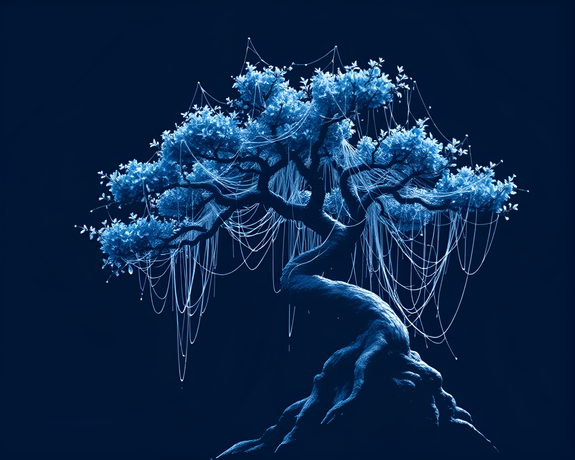 Cobweb Strands Embrace a Bonsai Tree in 16-bit Monochrome Blue – free AI stock image