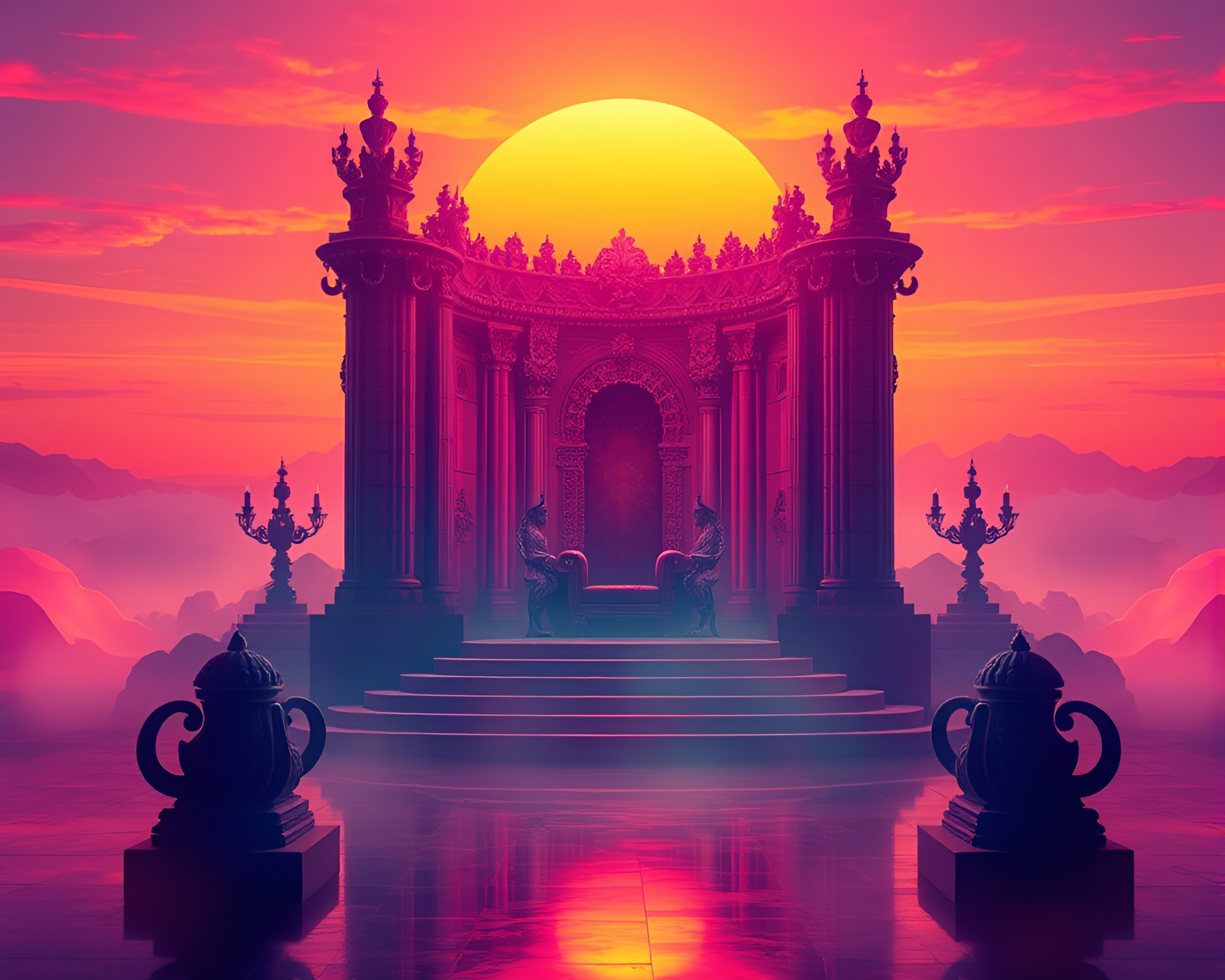Vaporwave Sunset Throne Room in Tri-Tone Fractal Glory – free AI stock image
