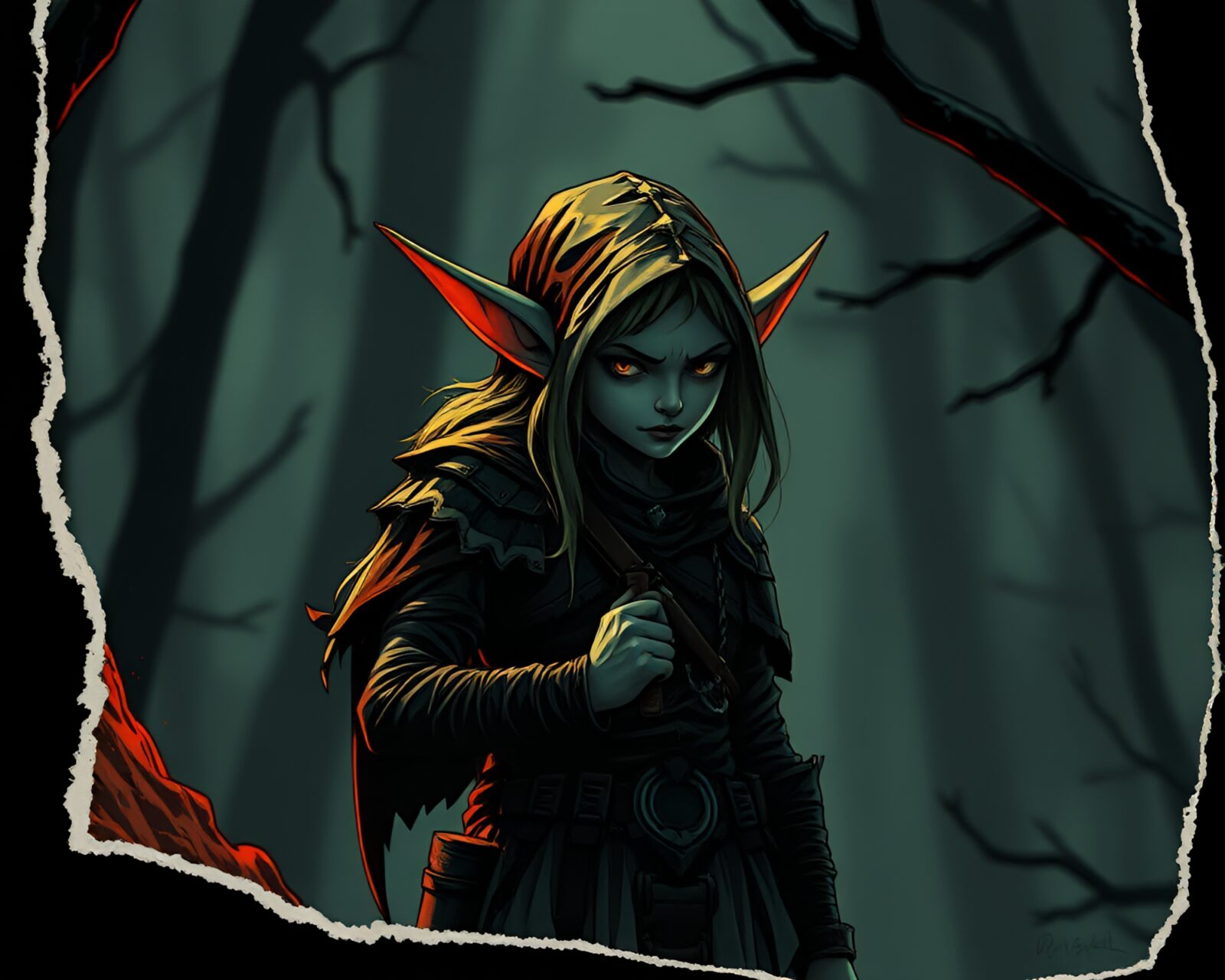 Dark and mysterious comic art of an elf warrior