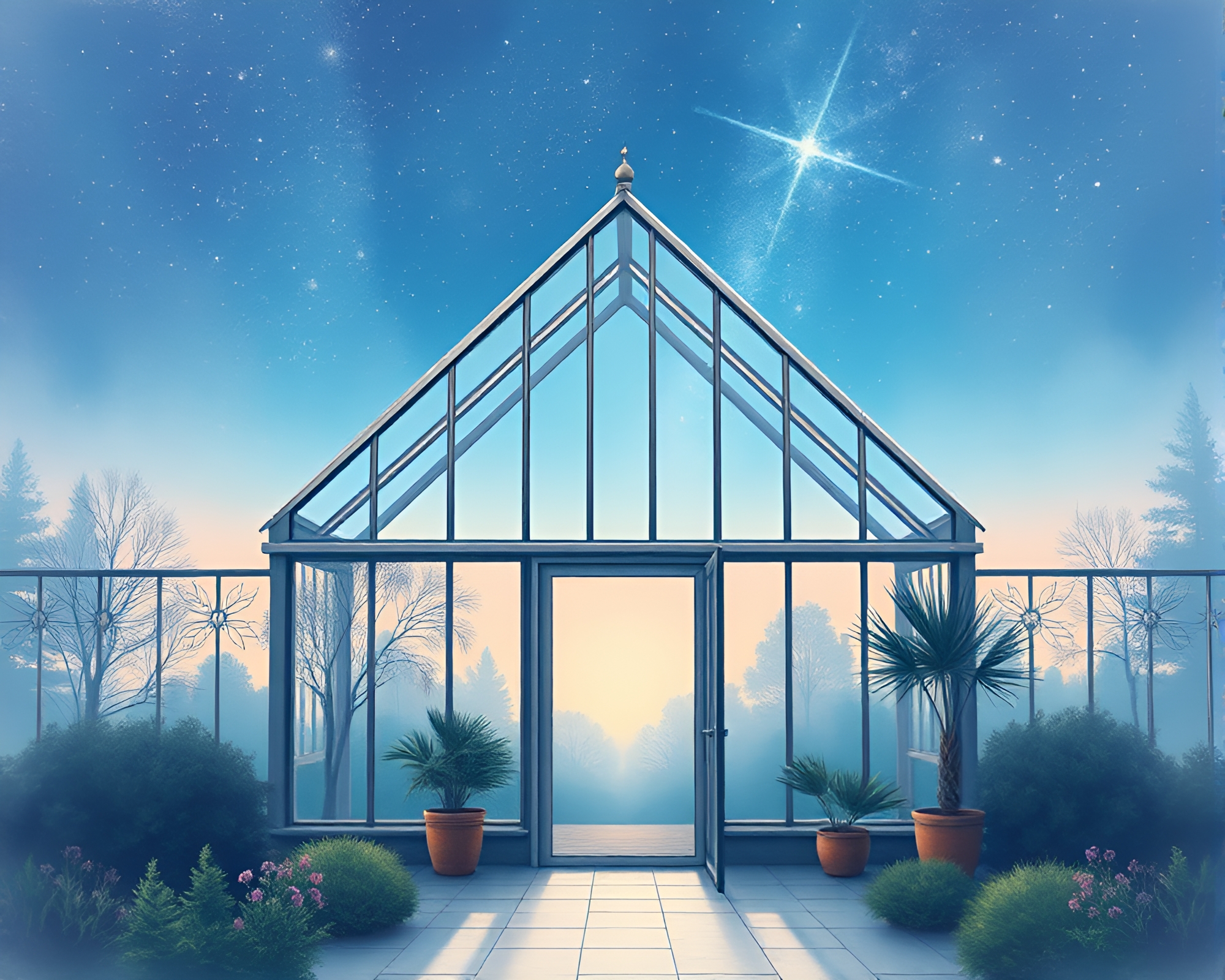 Glass Greenhouse Under Starlit Sky Centered Pastel Drawing – free AI stock image