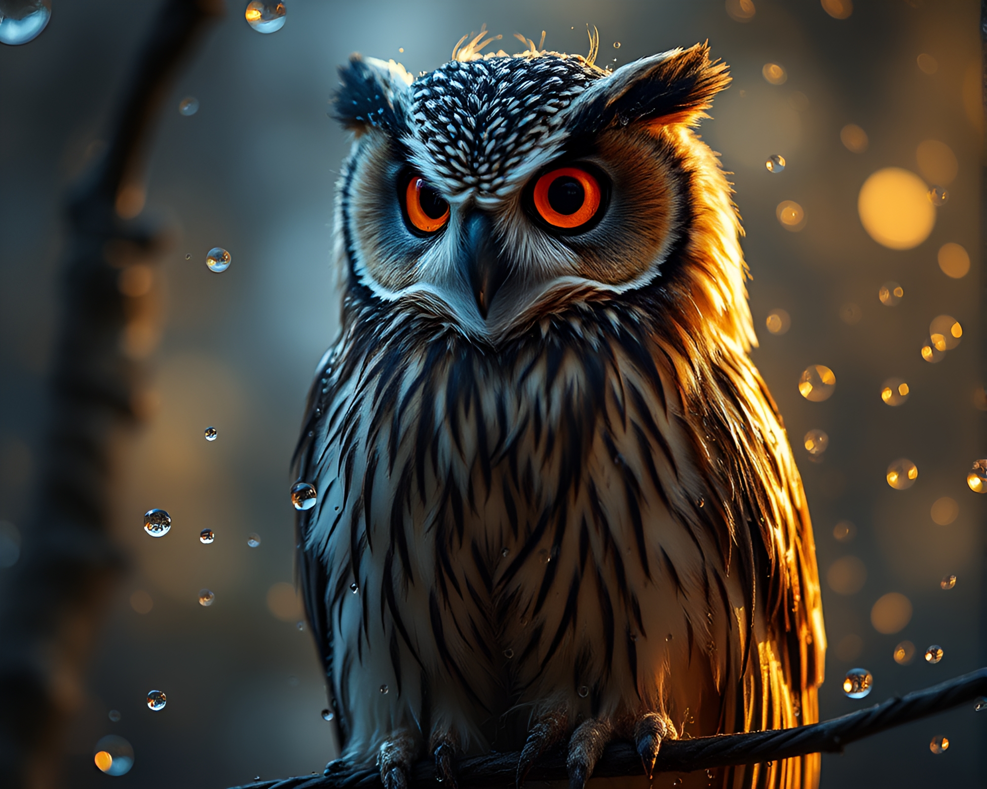 Clockwork owl in water droplets with hard shadows – free AI stock image