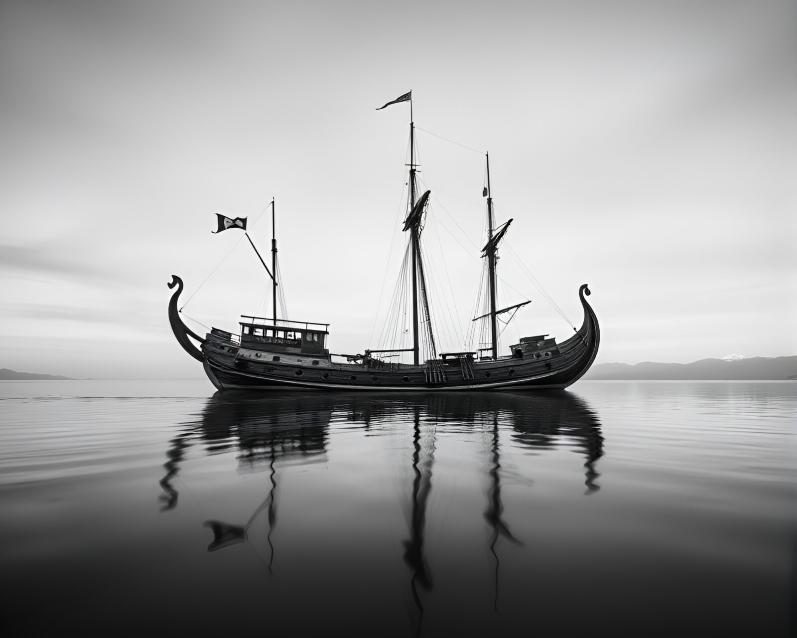 Asymmetrical balance Viking ship on serene blue waters