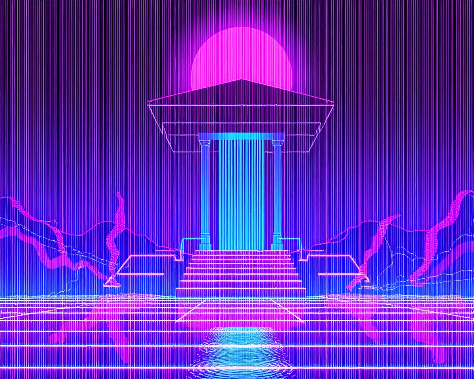 Futuristic temple glowing under neon barcode stripes in ultraviolet light
