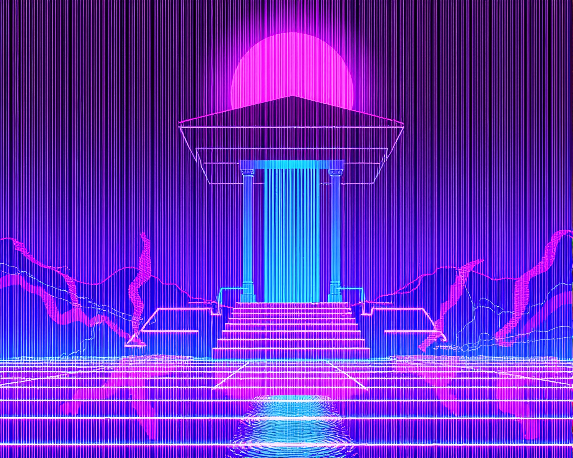 Synthwave Temple Illuminated with Ultraviolet Barcode Shine – free AI stock image