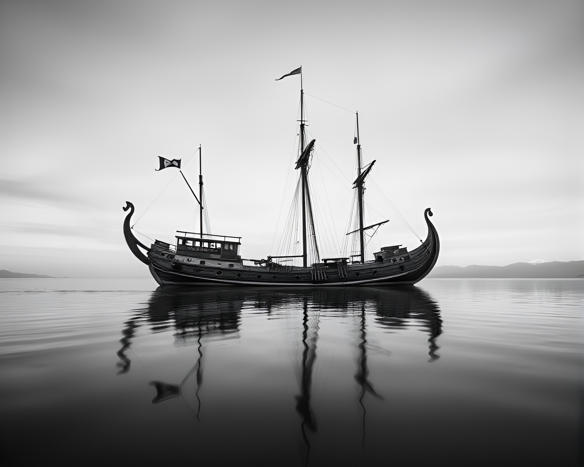 Viking Longship Sailing Under Monochrome Blue Skies – free AI stock image