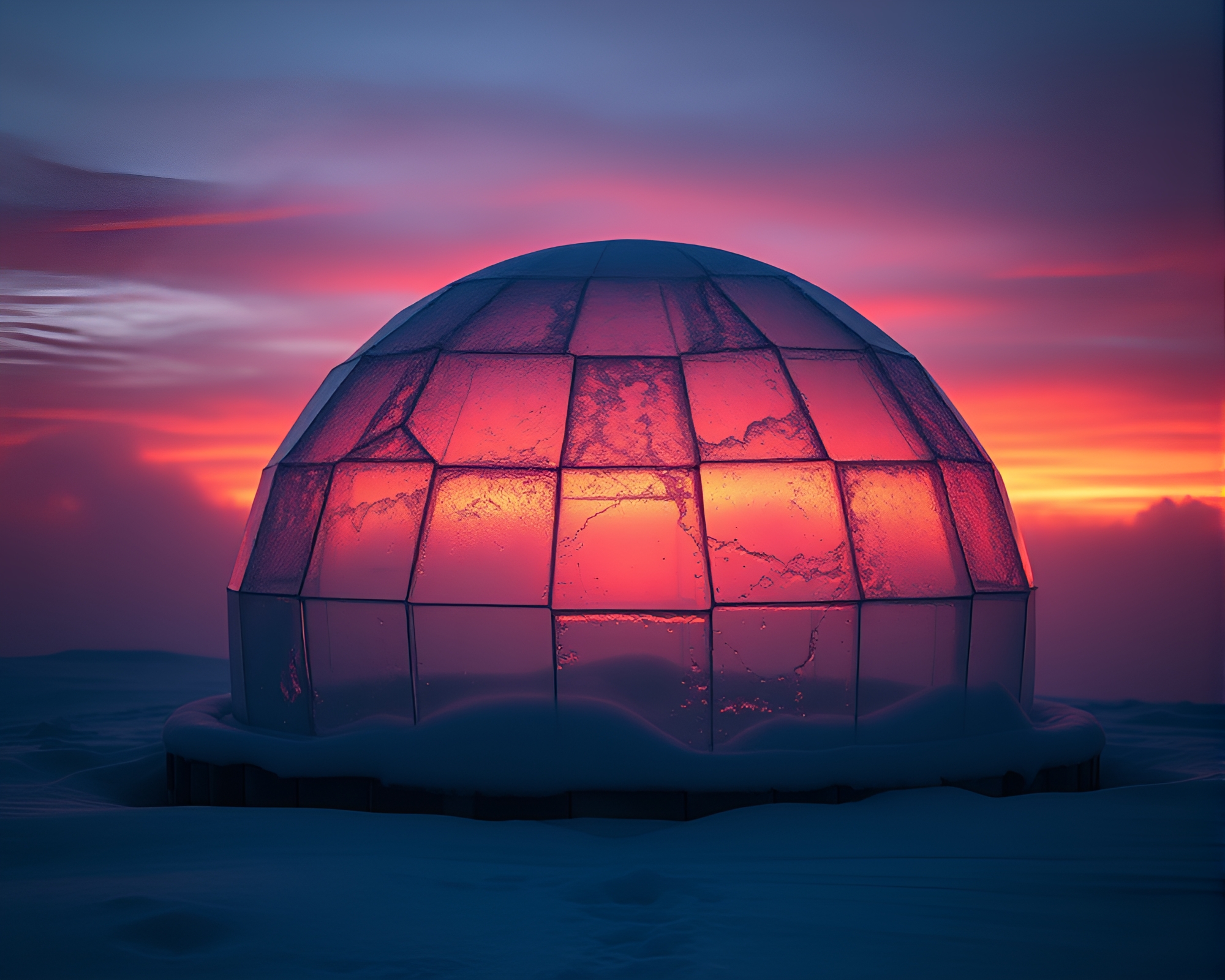 Glass igloo sunset: foggy contouring art – free AI stock image
