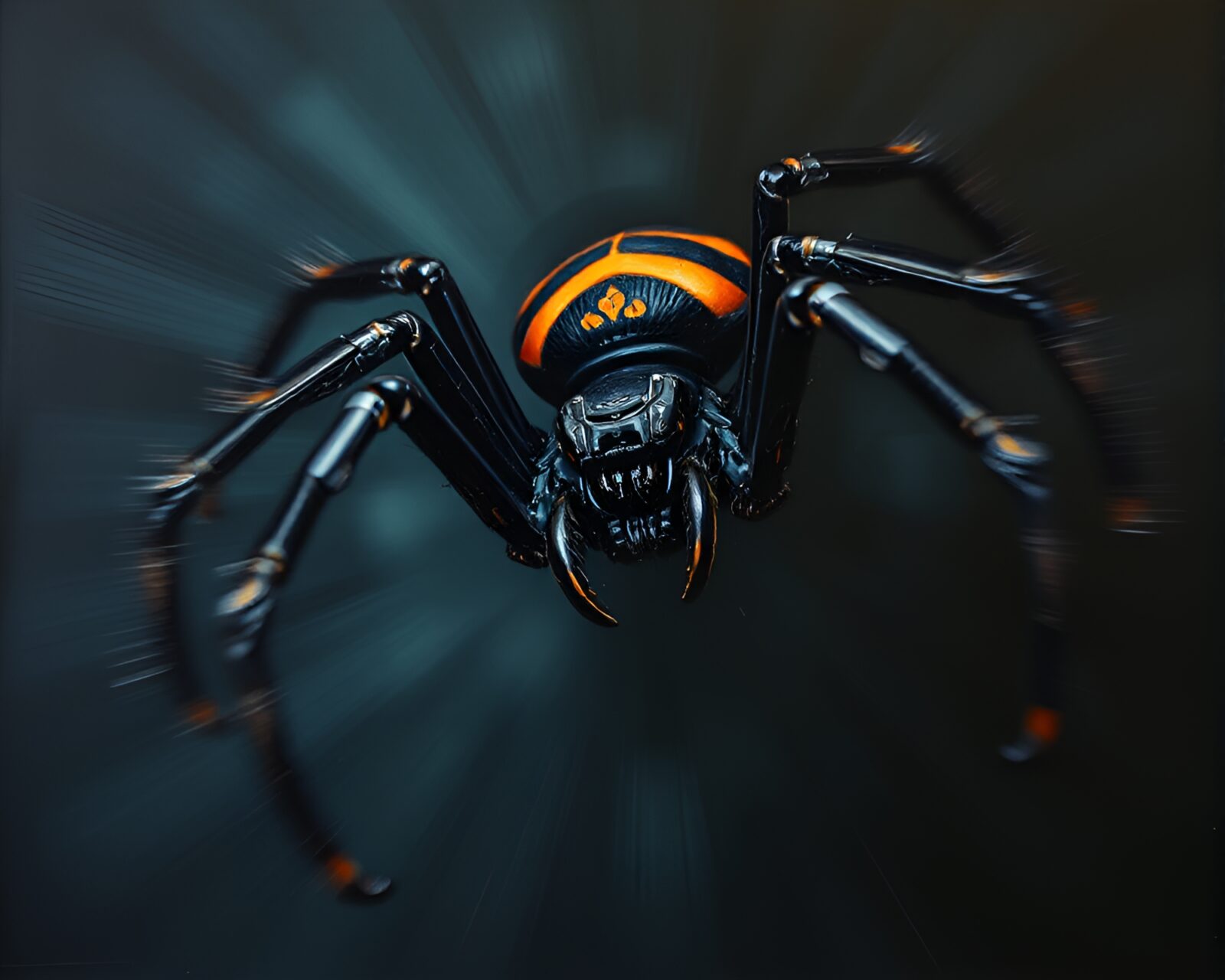 Dynamic acrylic painting of mechanical spider in high-contrast noir