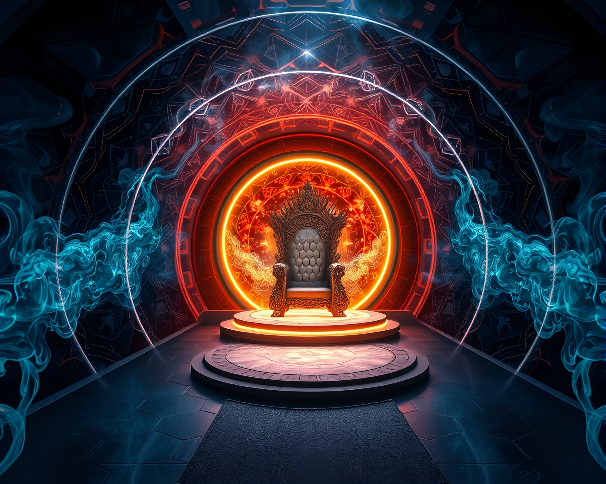 Glass Tunnel Throne Room with Smoking Rings – free AI stock image