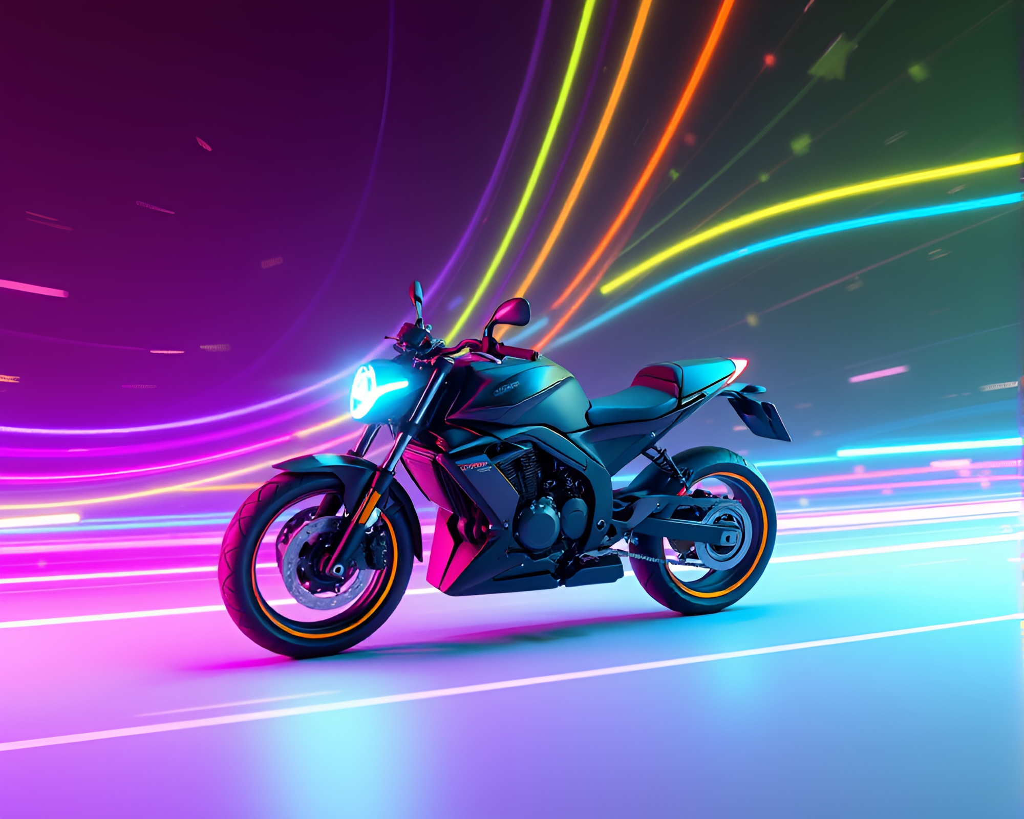 Vivid Neon Motorcycle Racing through Glitch Star Trails – free AI stock image