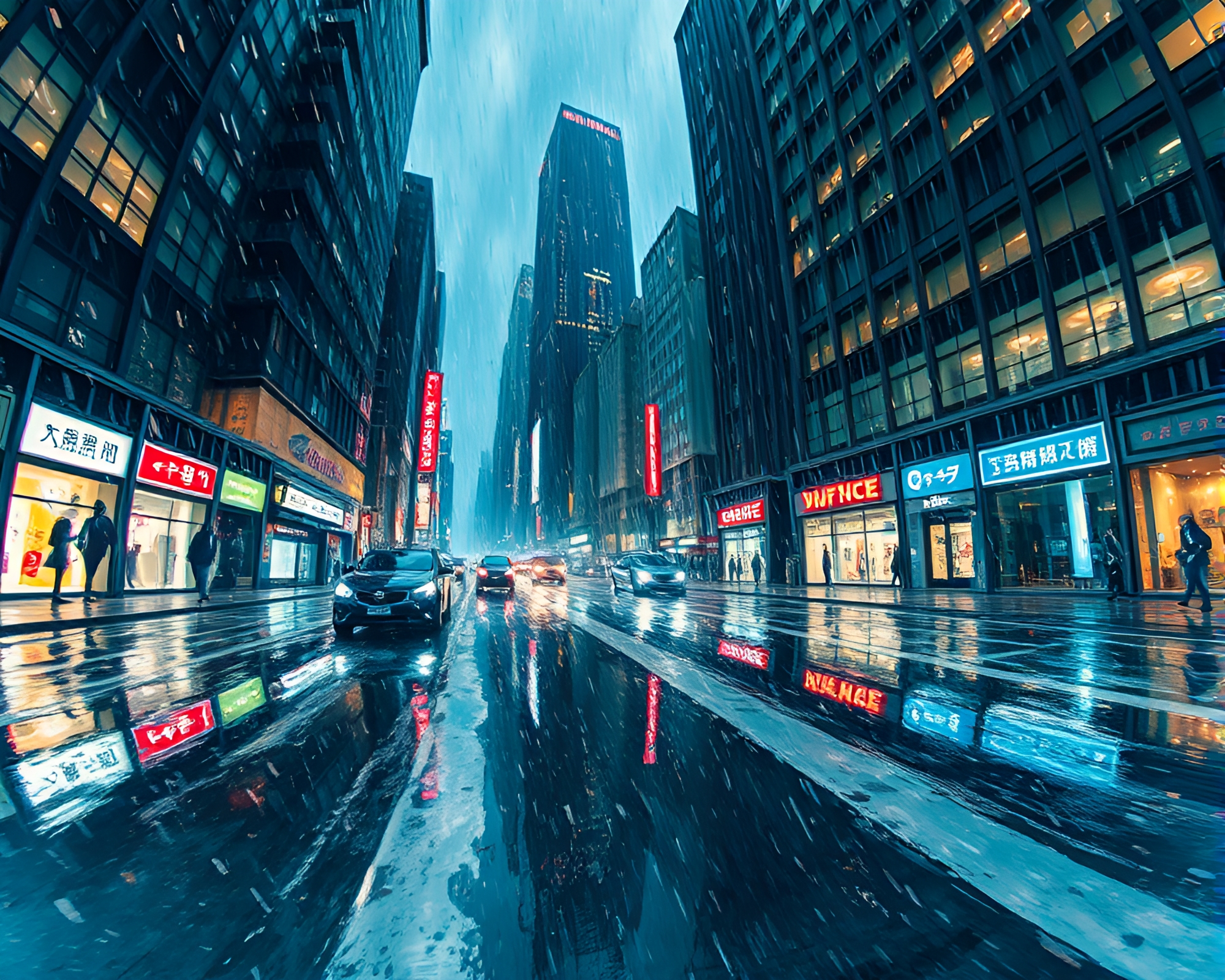 Futuristic Rainy Cityscape with Sumi-e Brushwork – free AI stock image