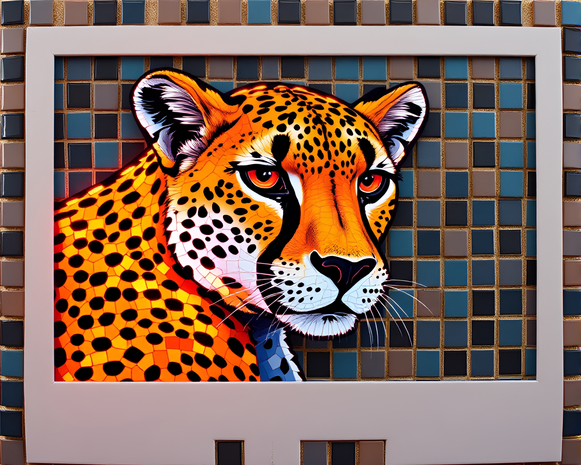 Neon Cheetah Mosaic in Polaroid Frame – free AI stock image