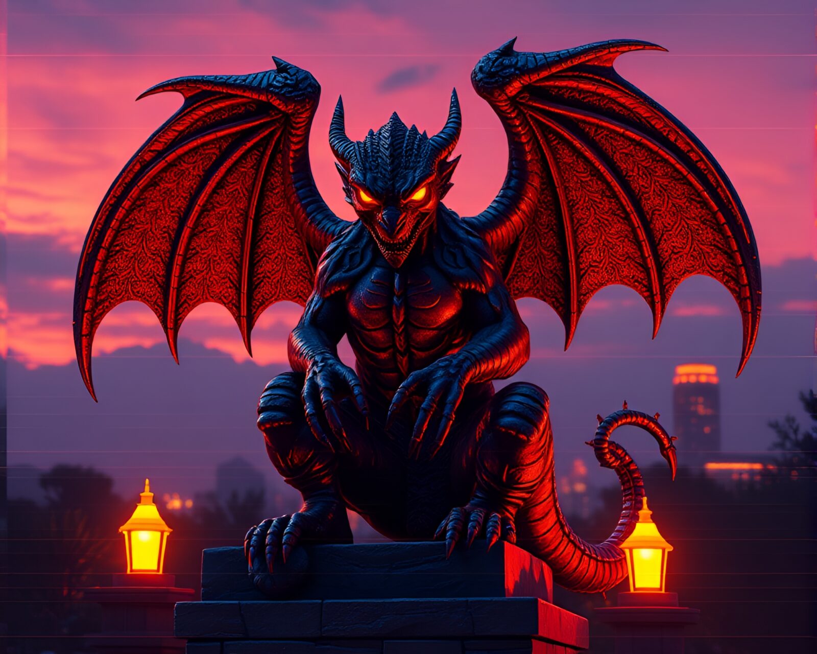 Ancient gargoyle bathed in golden 8-bit pixelated light