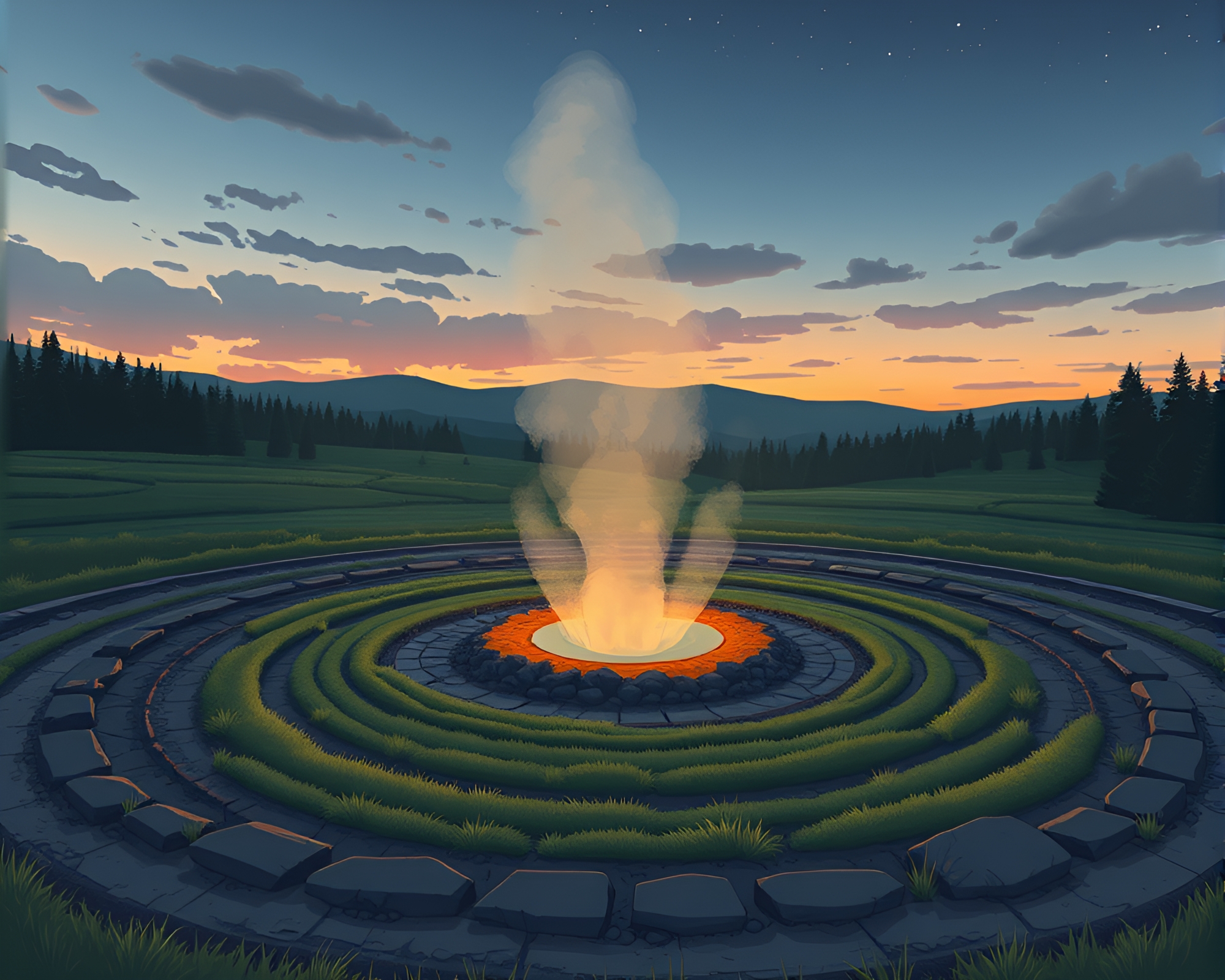 Geyser Field at Dawn: Cartoon Style Concentric Circles – free AI stock image