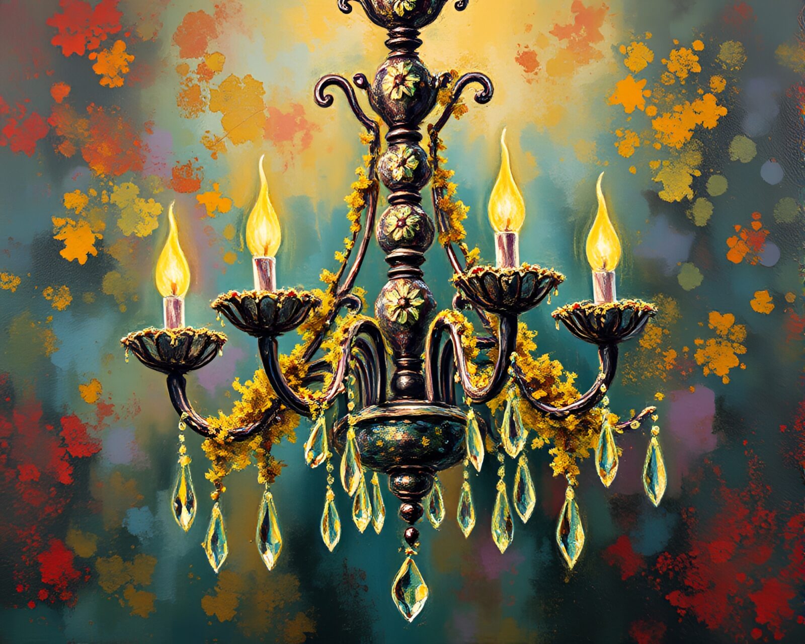 Intricate Expressionist painting of a saturated Victorian chandelier covered in lichen