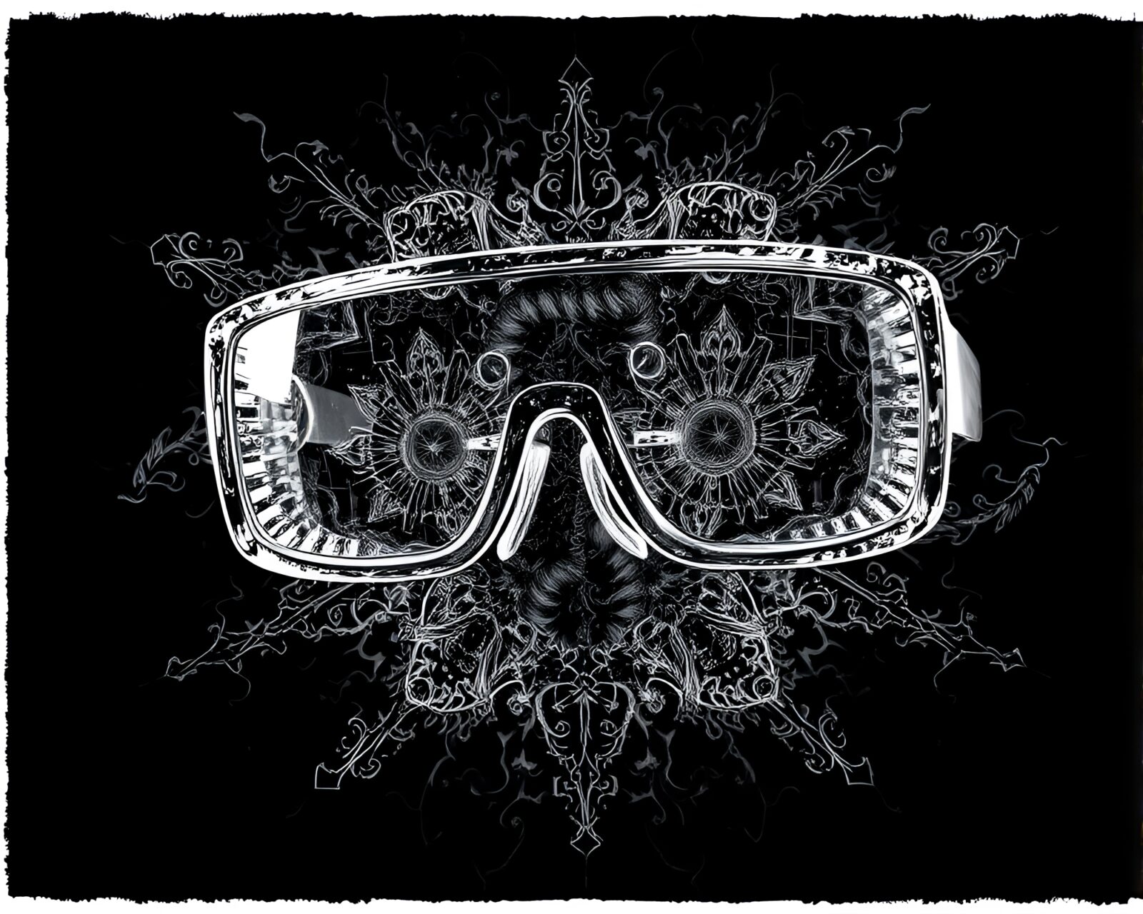 Dramatic lighting showcases detailed fractal-themed AR glasses engraving.