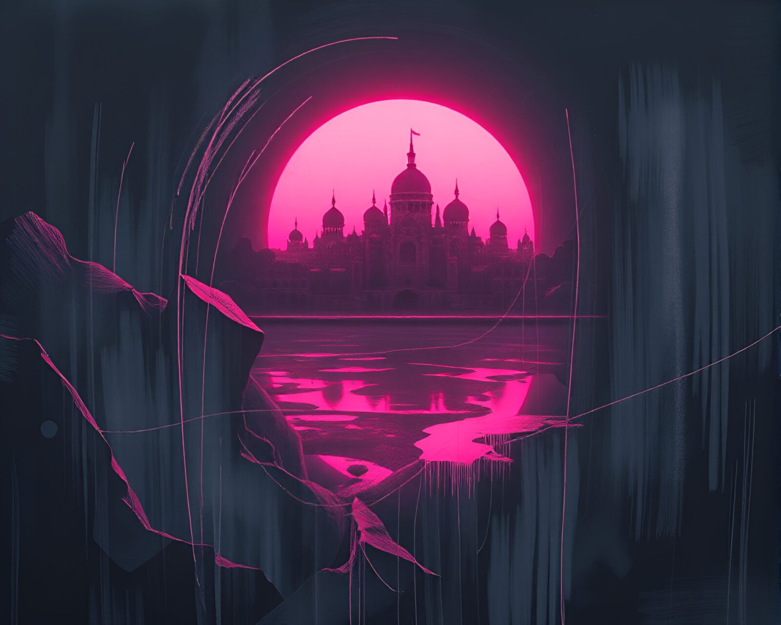Illustration of a futuristic mind palace in pink dawn light