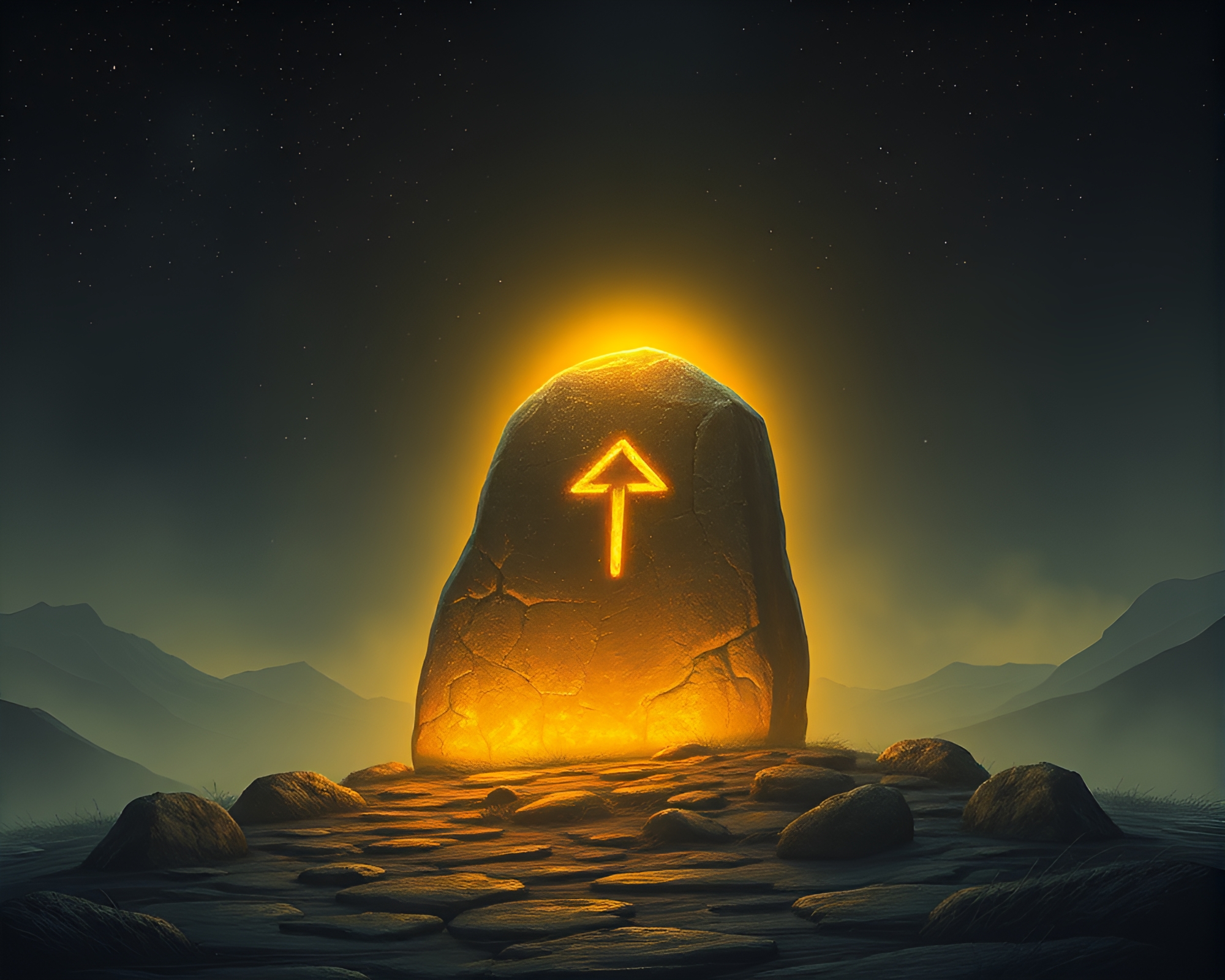 Golden Hour Glow on Glowing Rune Stone Composition – free AI stock image