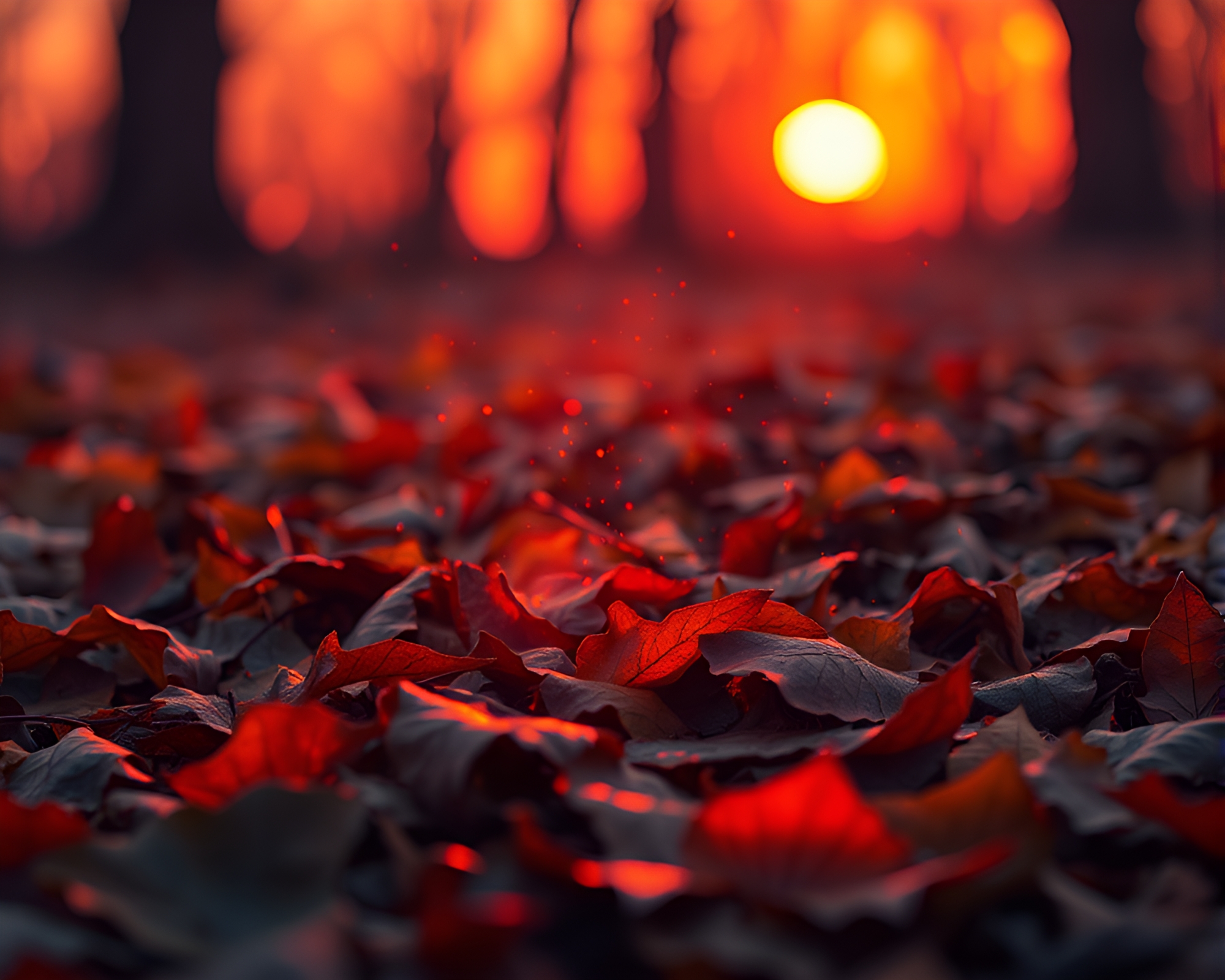 Ethereal Leaf Litter Explosions at Sunset – free AI stock image