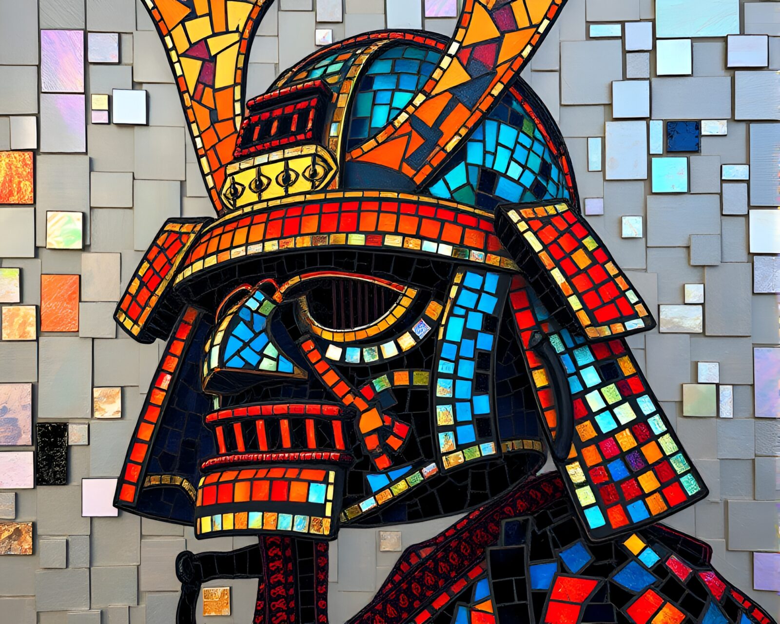 Colorful acrylic painting of iridescent Samurai helmet mosaic design