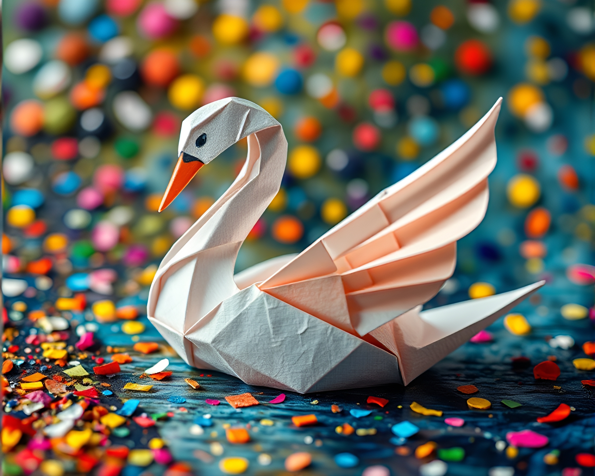 Vibrant Origami Swan Bursting with Confetti Colors – free AI stock image