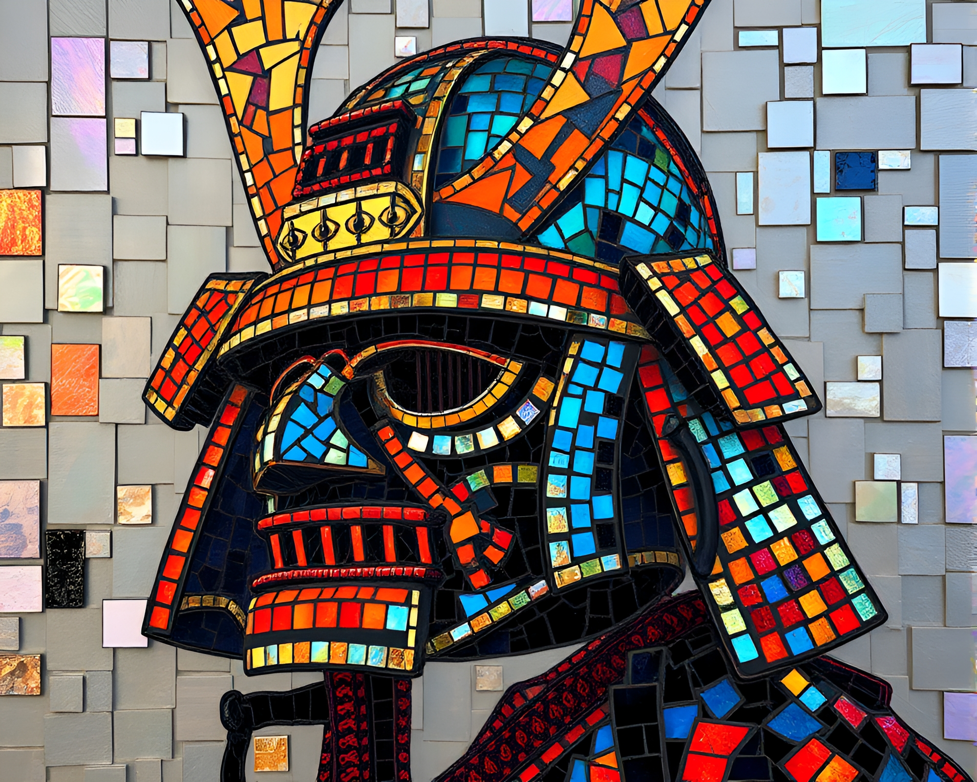 Samurai Helmet Tiled Mosaic Composition – free AI stock image