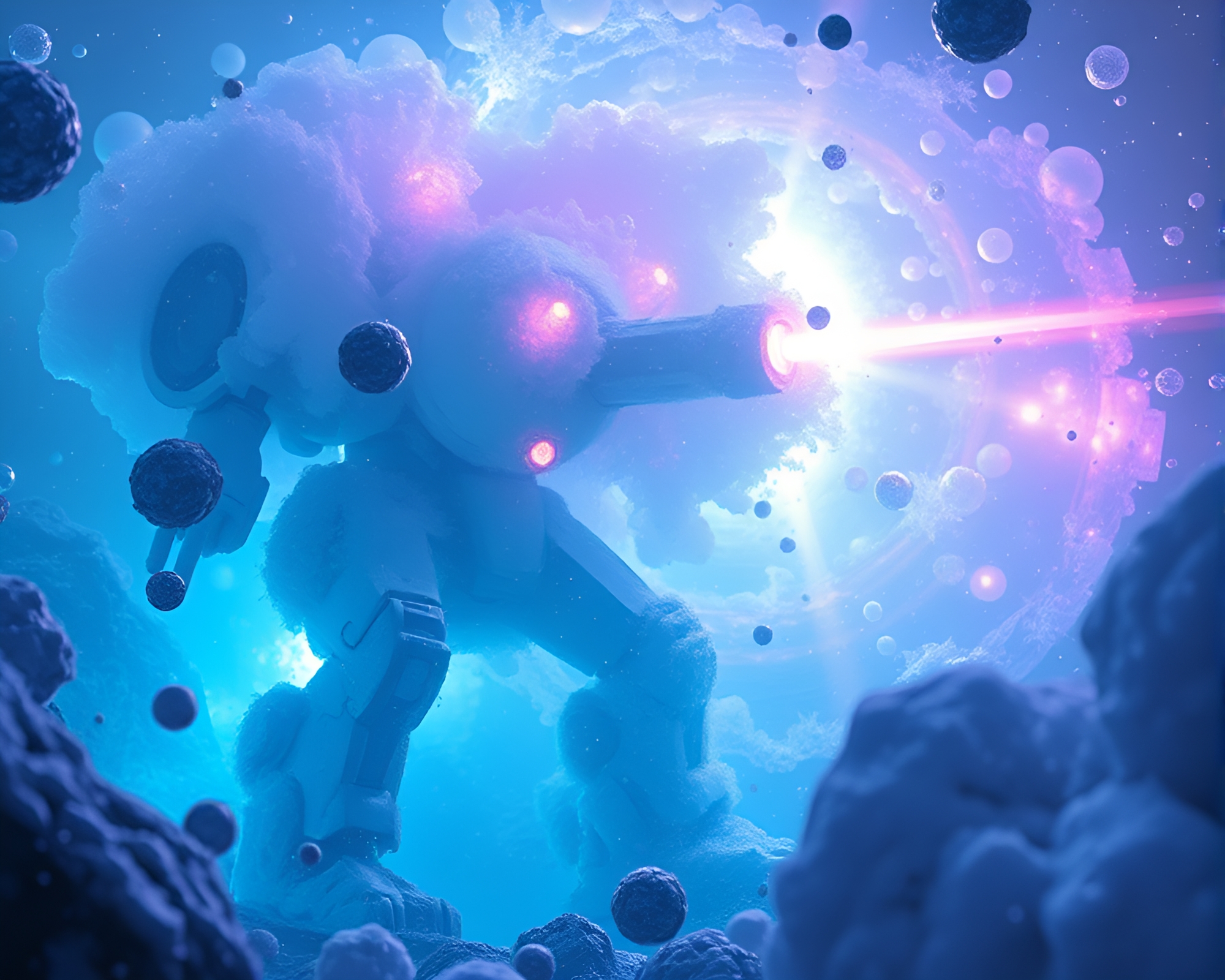 Snow-Kissed Battle Mech Amidst Fluorescent Bubble Clusters – free AI stock image