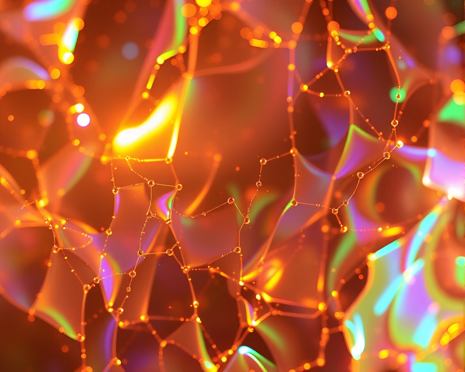 Photocollage of a tree made of soap film with iridescent colors shining at sunset