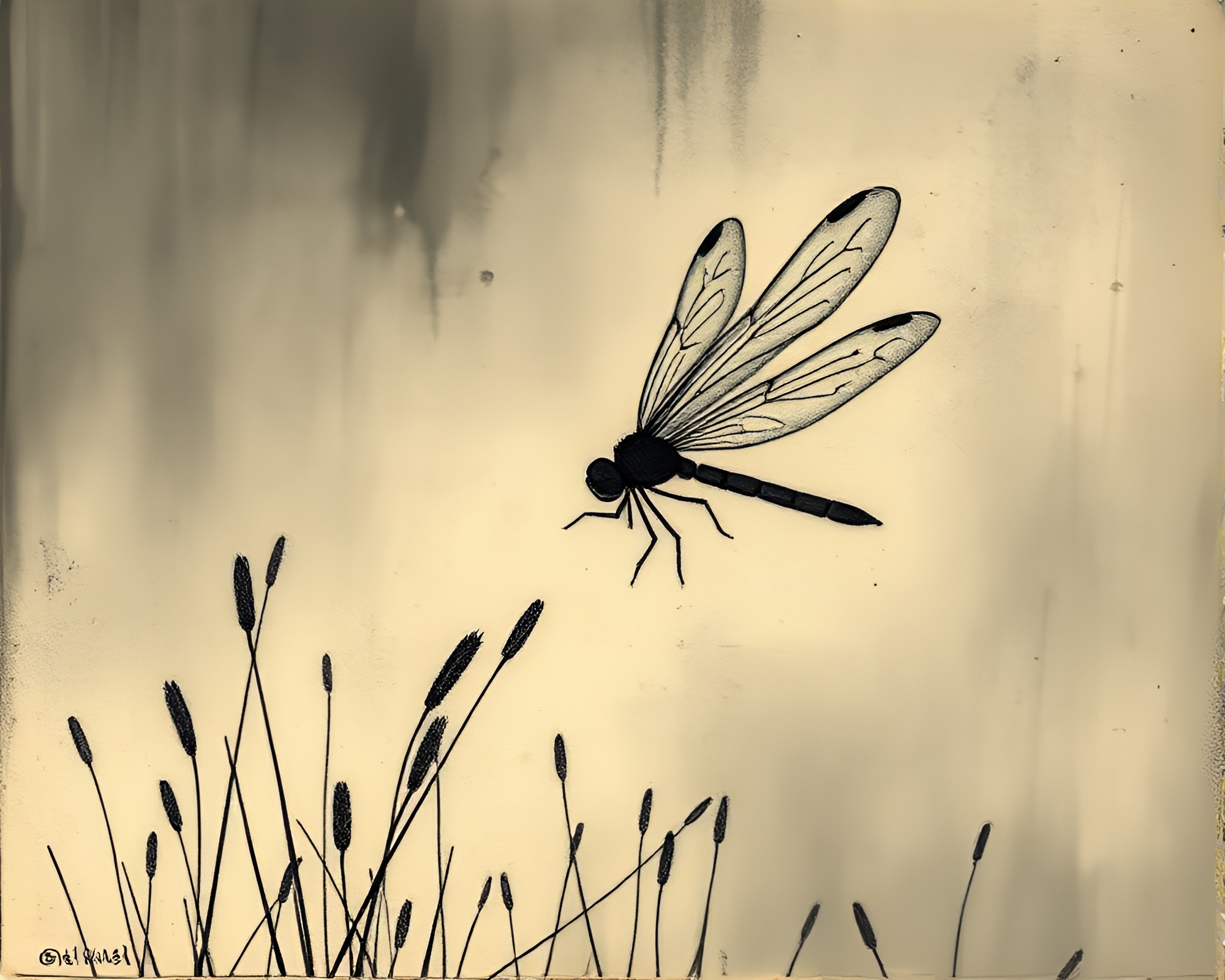 Misty Dragonfly Woodblock Print at Dawn – free AI stock image
