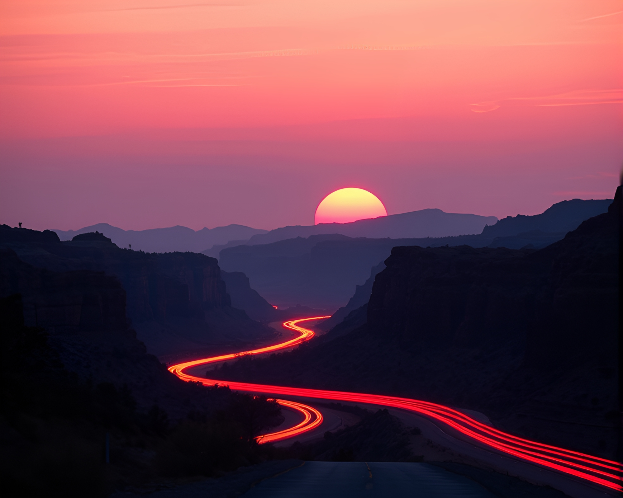 Sunrise Eroded Canyon with Car Light Trails Art – free AI stock image