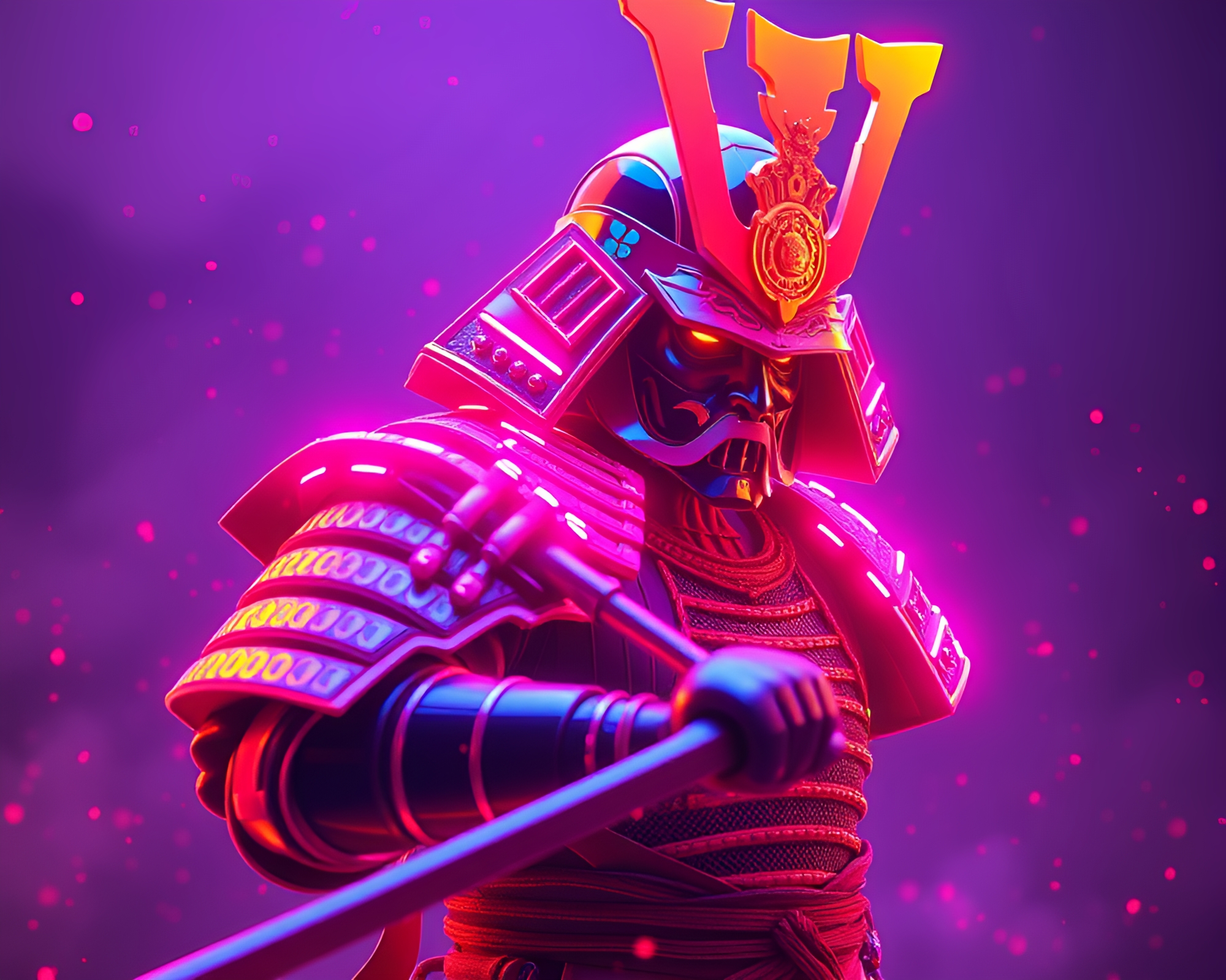 Samurai Warrior in Neon Dynamic Dutch Angle Scene – free AI stock image