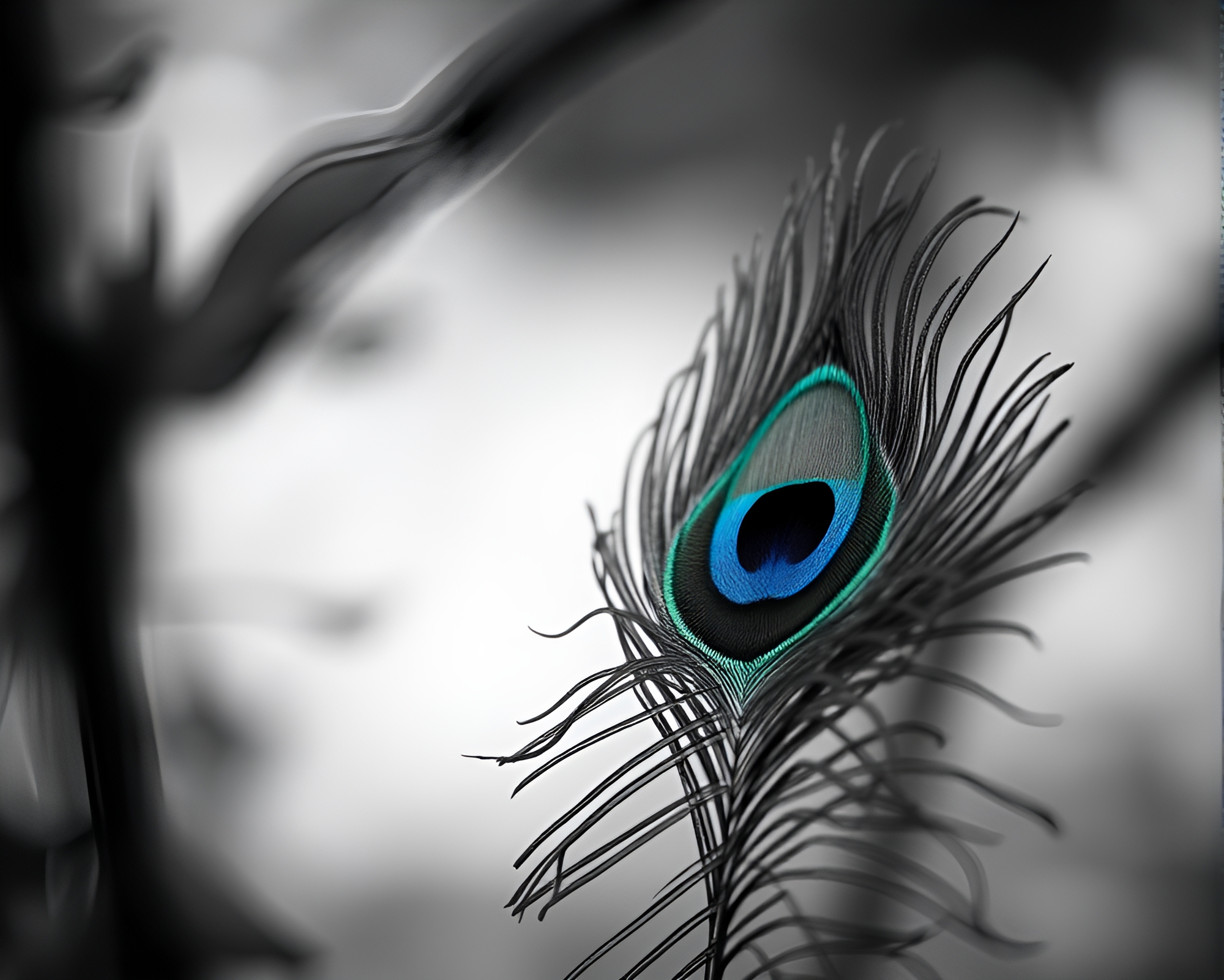 Ethereal Peacock Feather In Monochrome Blue Tilt-Shift Composition – free AI stock image