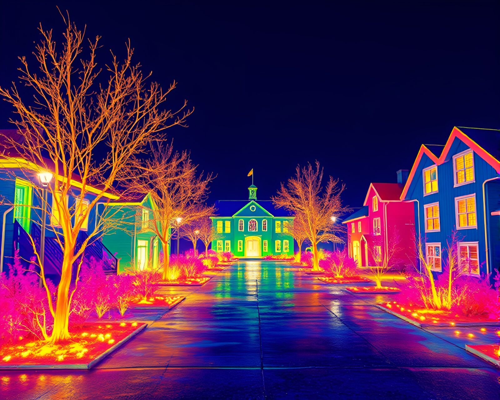 Colorful mural of mythical hydra in thermal imaging colors