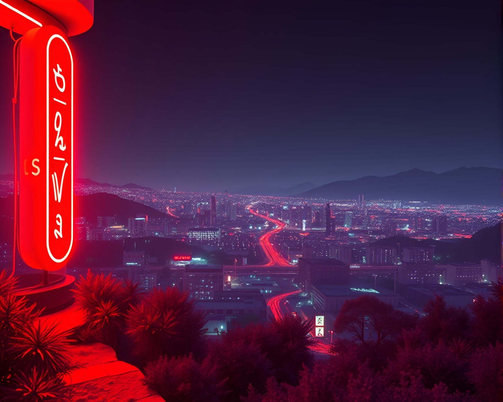 Vibrant neon signs illuminate low-poly city in infrared hues