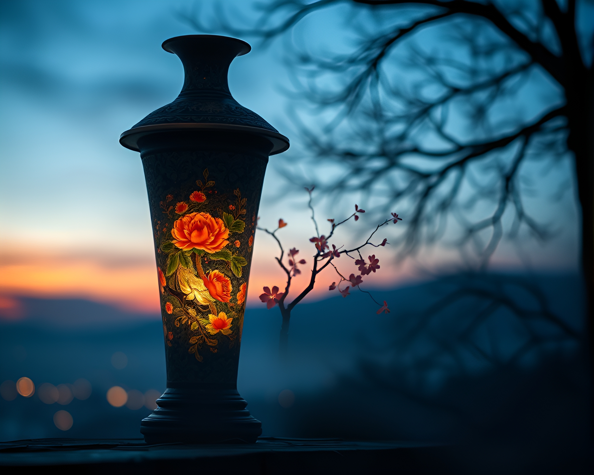 Twilight Blue Hour Cloisonné Vase Dust Overlay Composition – free AI stock image
