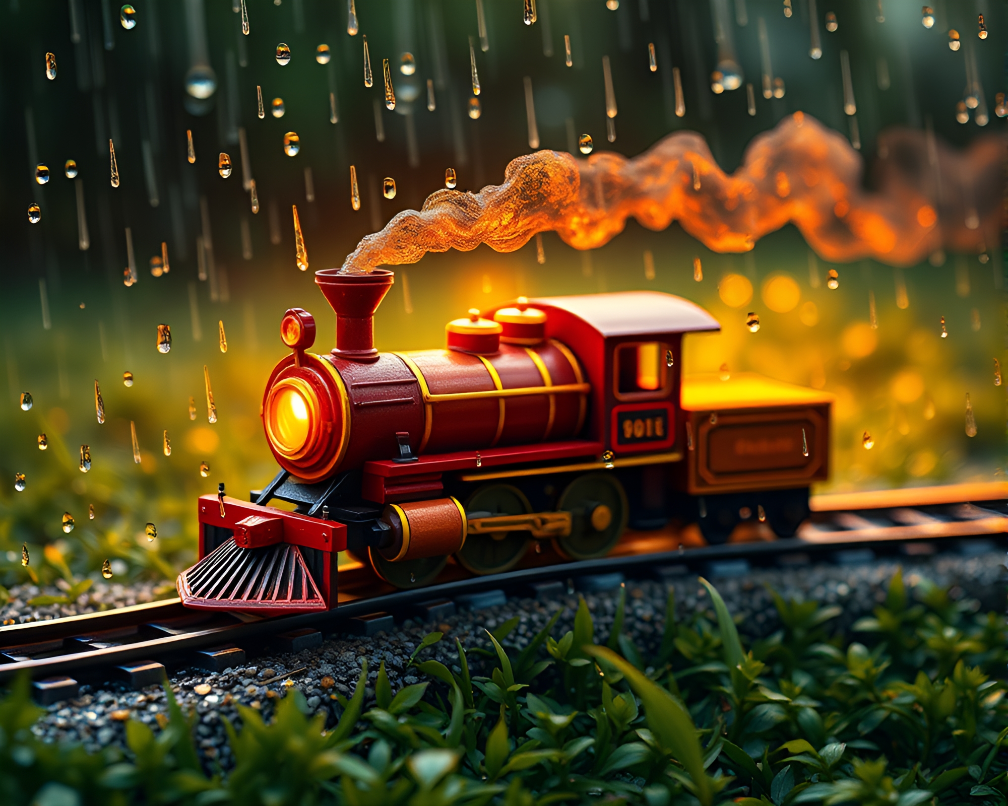 Steam locomotive in origami with rain droplets – free AI stock image