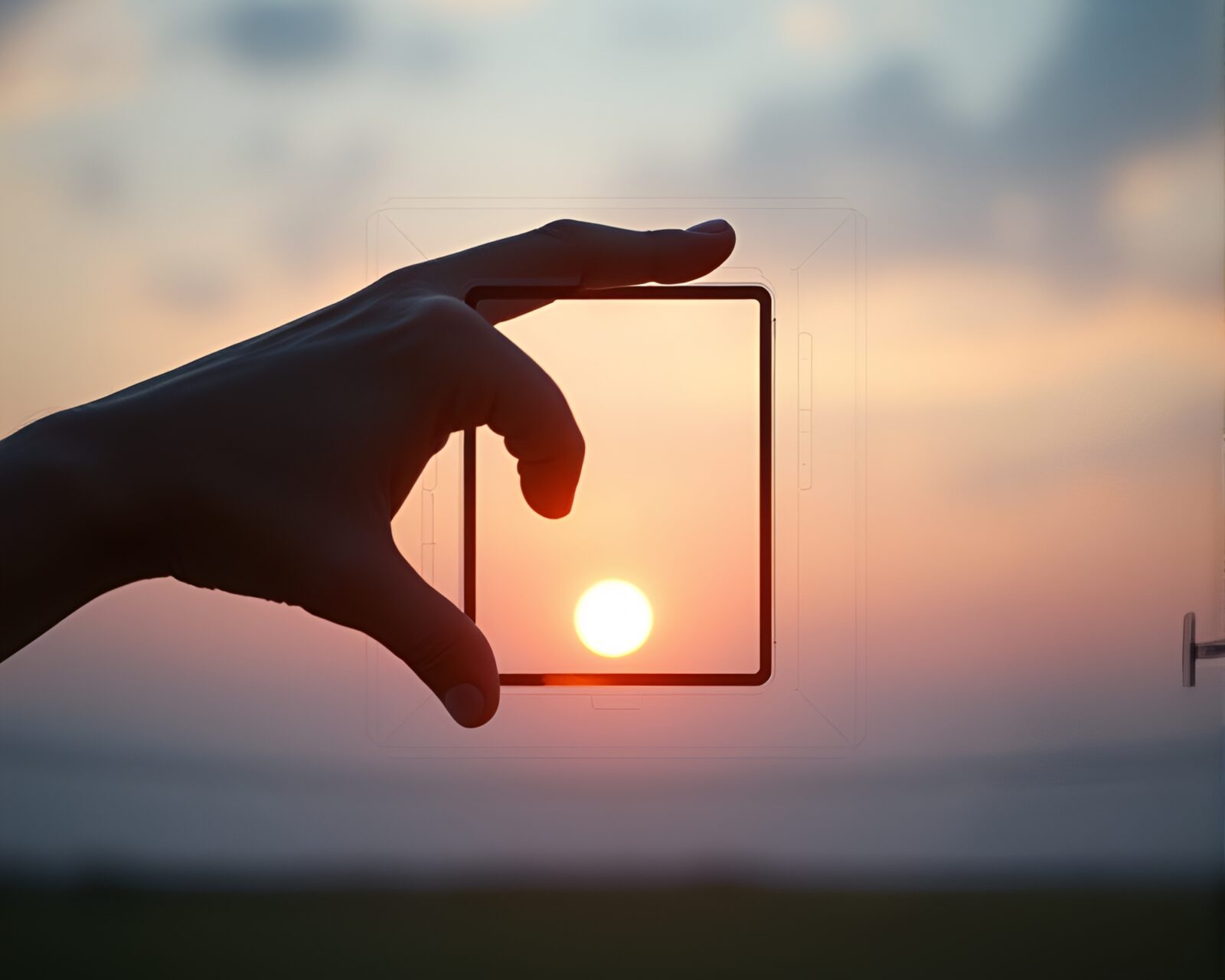 Silhouetted cybernetic hand against pastel sky at sunrise