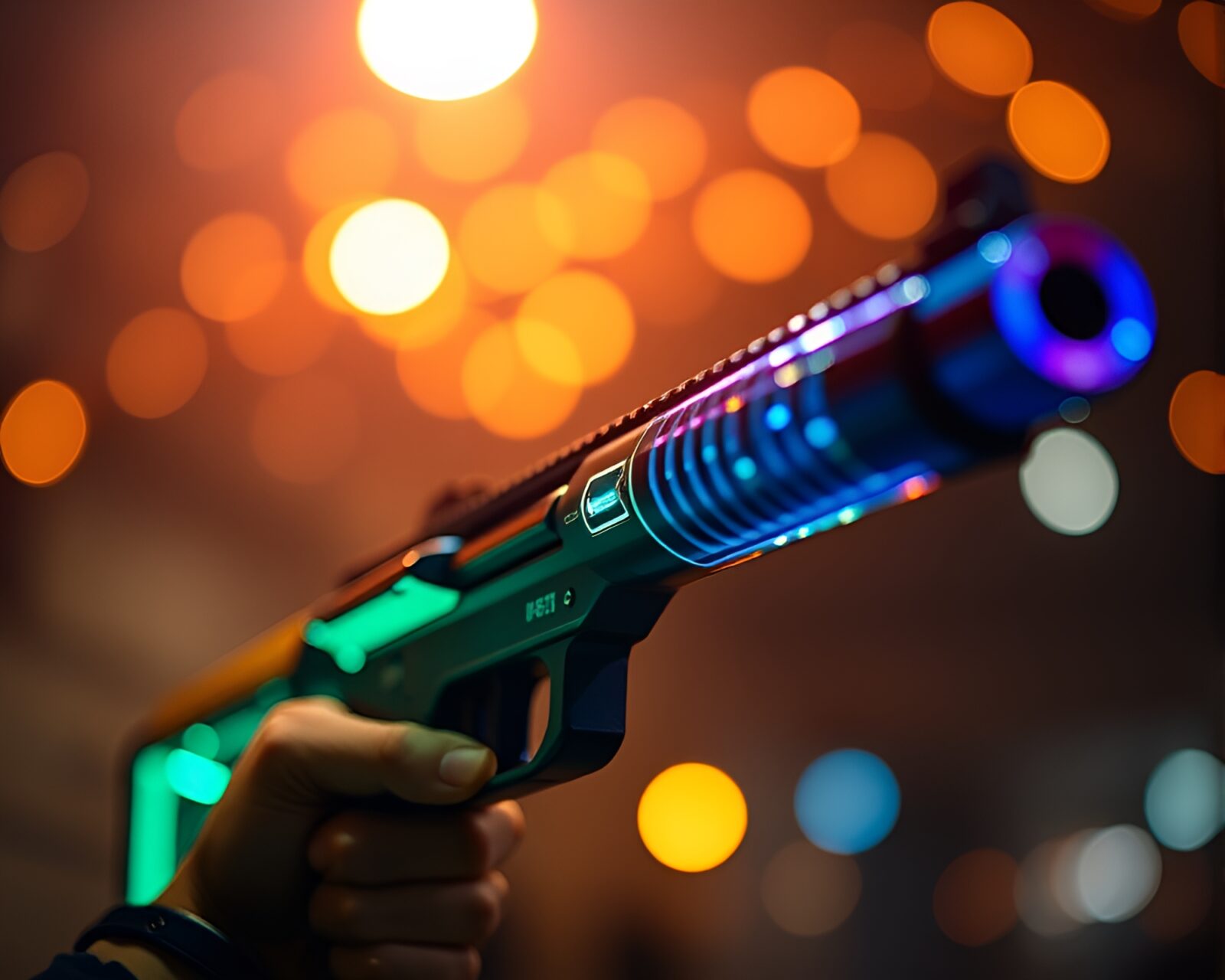 Low-angle shot of a plasma rifle surrounded by bokeh lights in a detailed photocollage