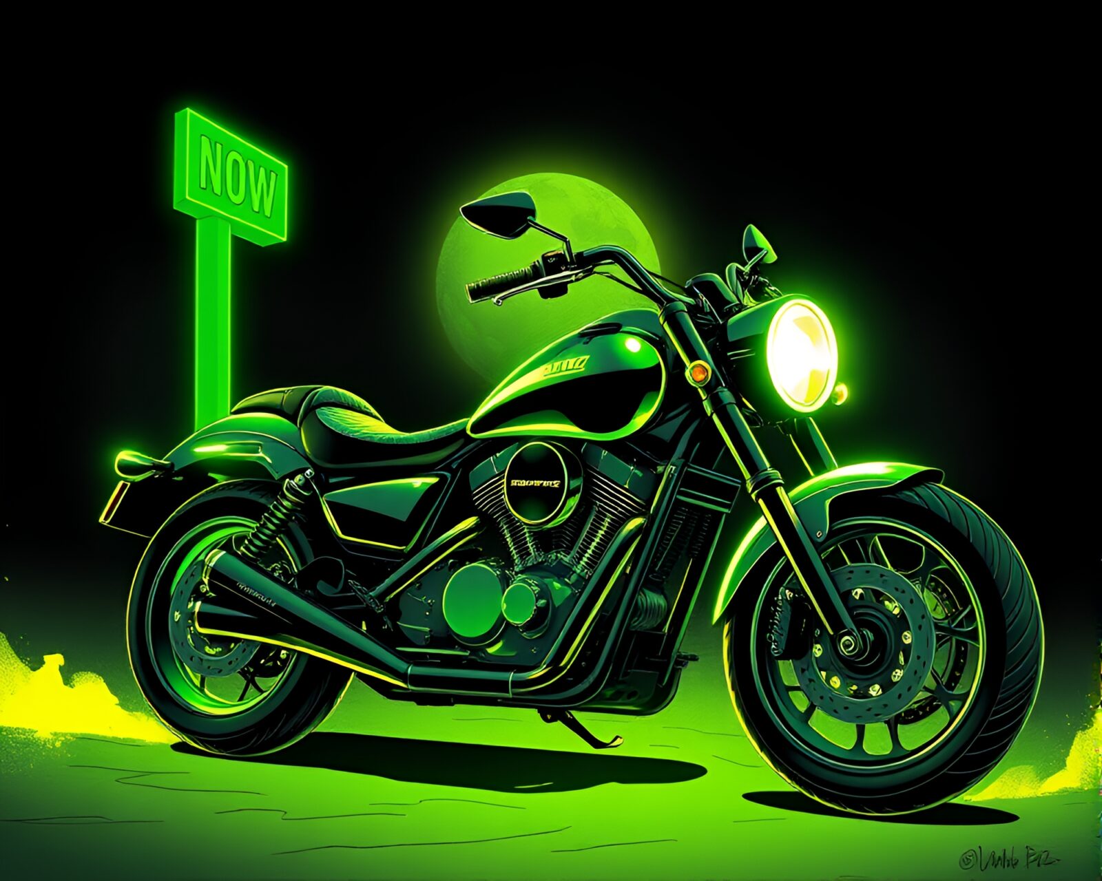 Fantasy illustration of a neon motorcycle in a gilded monochrome green setting