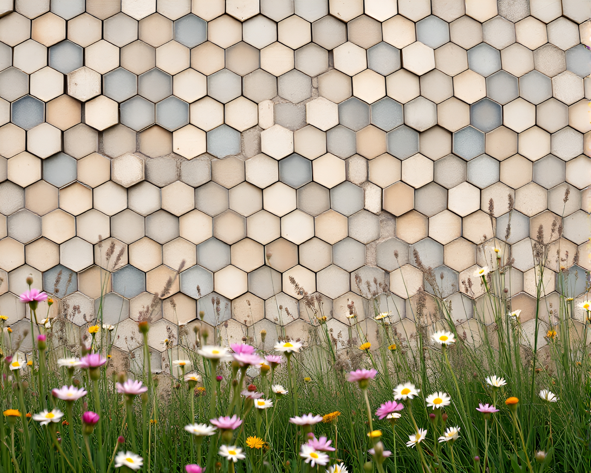 Hexagonal Meadow Blossoms in Soft Earth Tones – free AI stock image