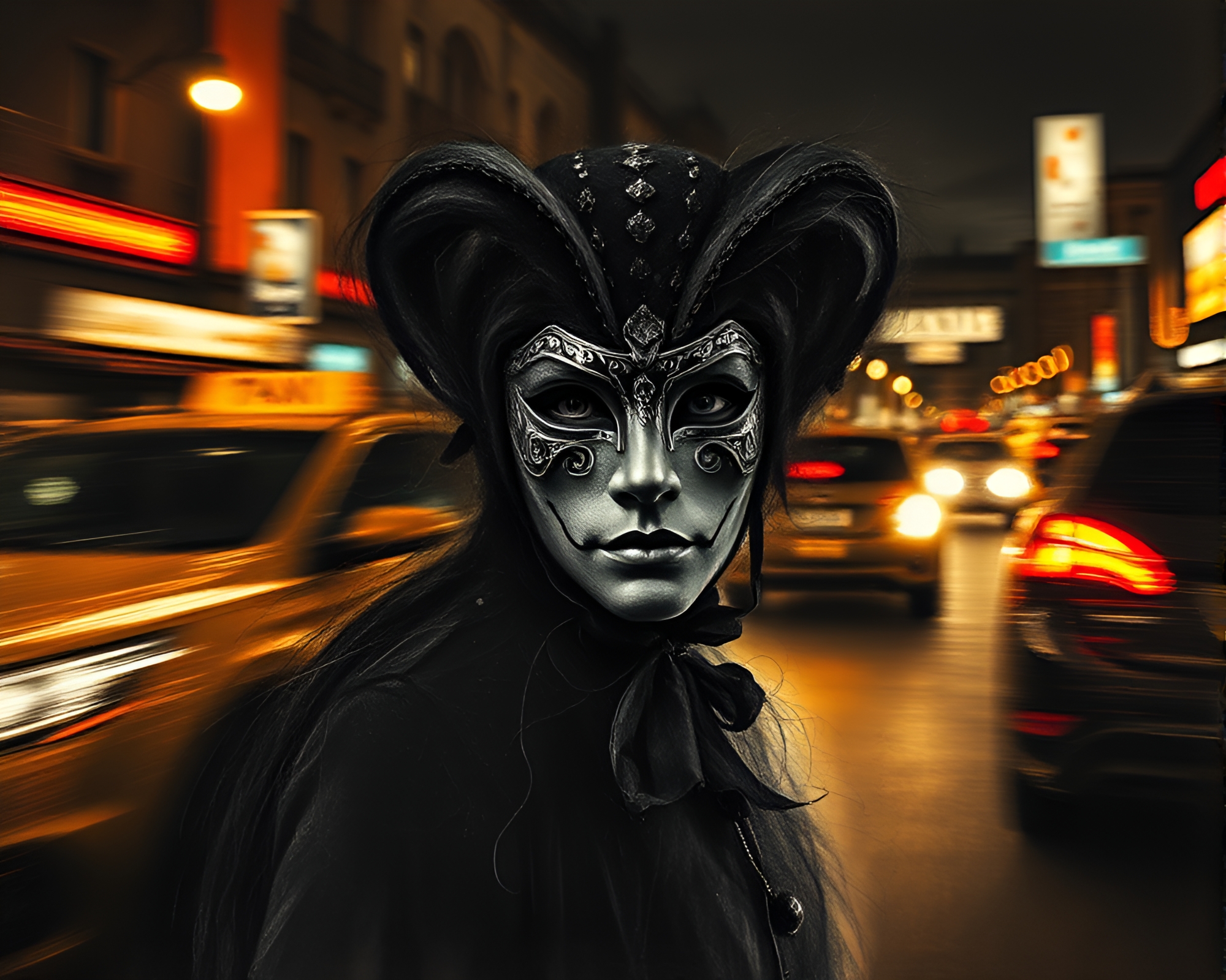 Venetian Mask Taxi Under Chalk Drawing Night Sky – free AI stock image