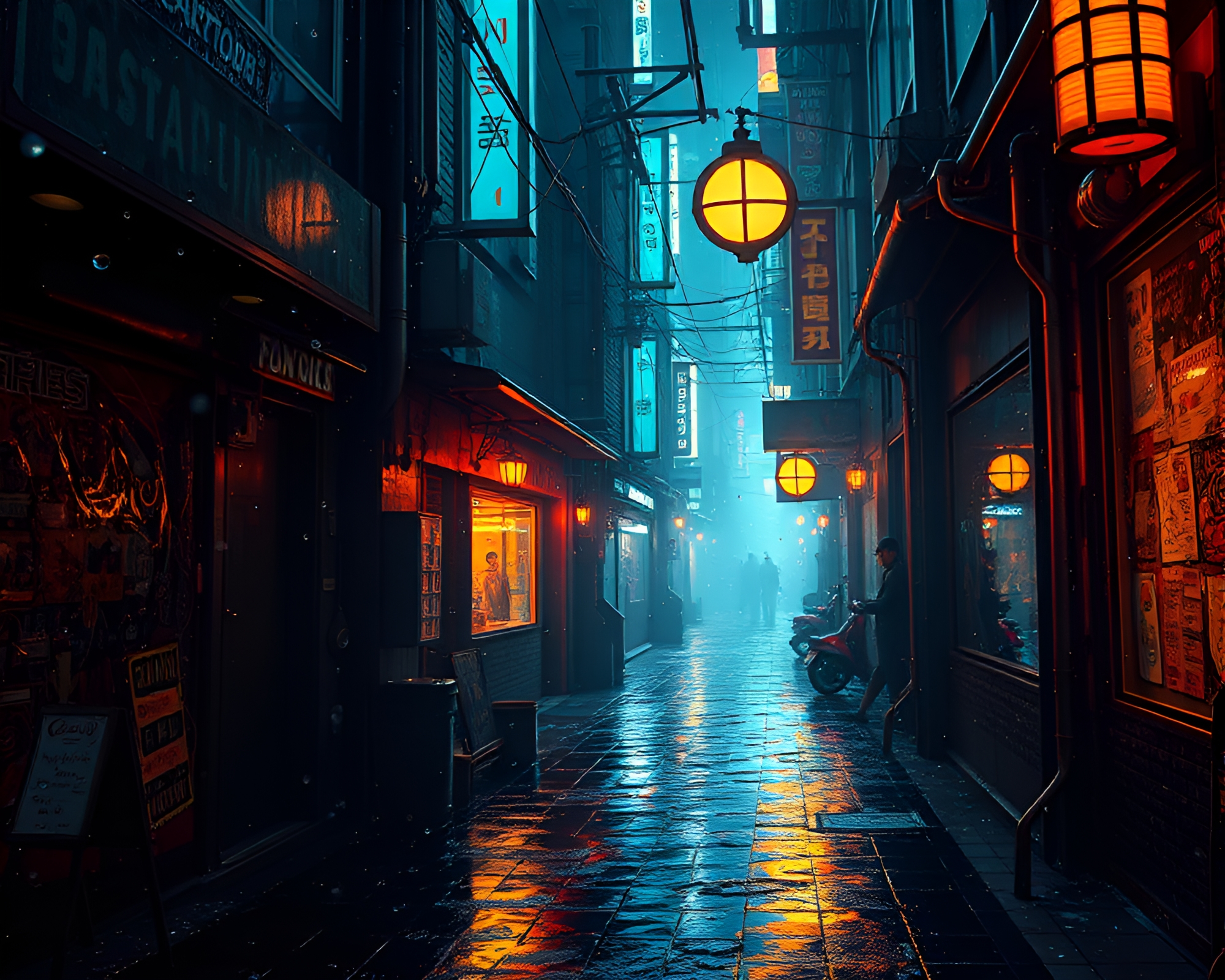 Cyberpunk Alley with Reflective Water Droplets – free AI stock image