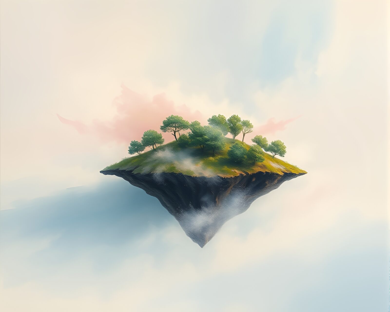 Soft pastel-toned painting of feathers dusting an island