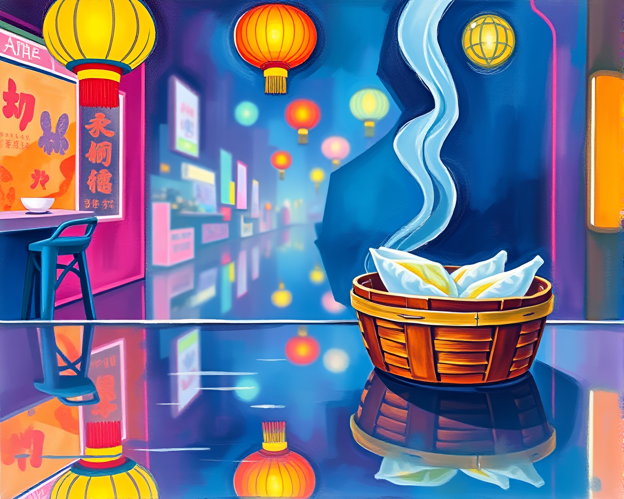 Neon Dim Sum Basket Amid Triadic Colors – free AI stock image