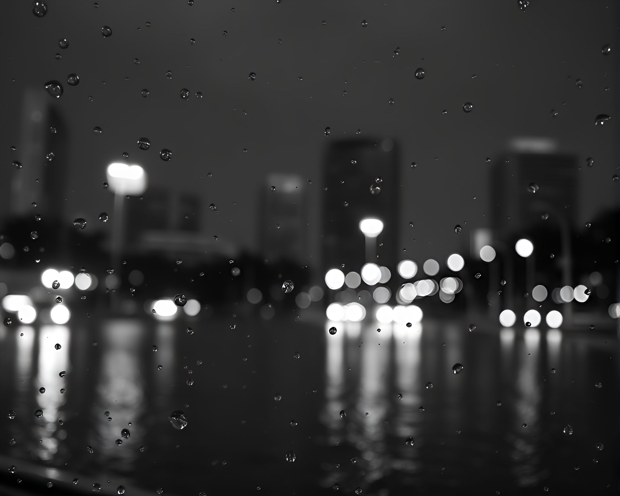 Quantum Water Droplets: Monochrome City Lights Night – free AI stock image