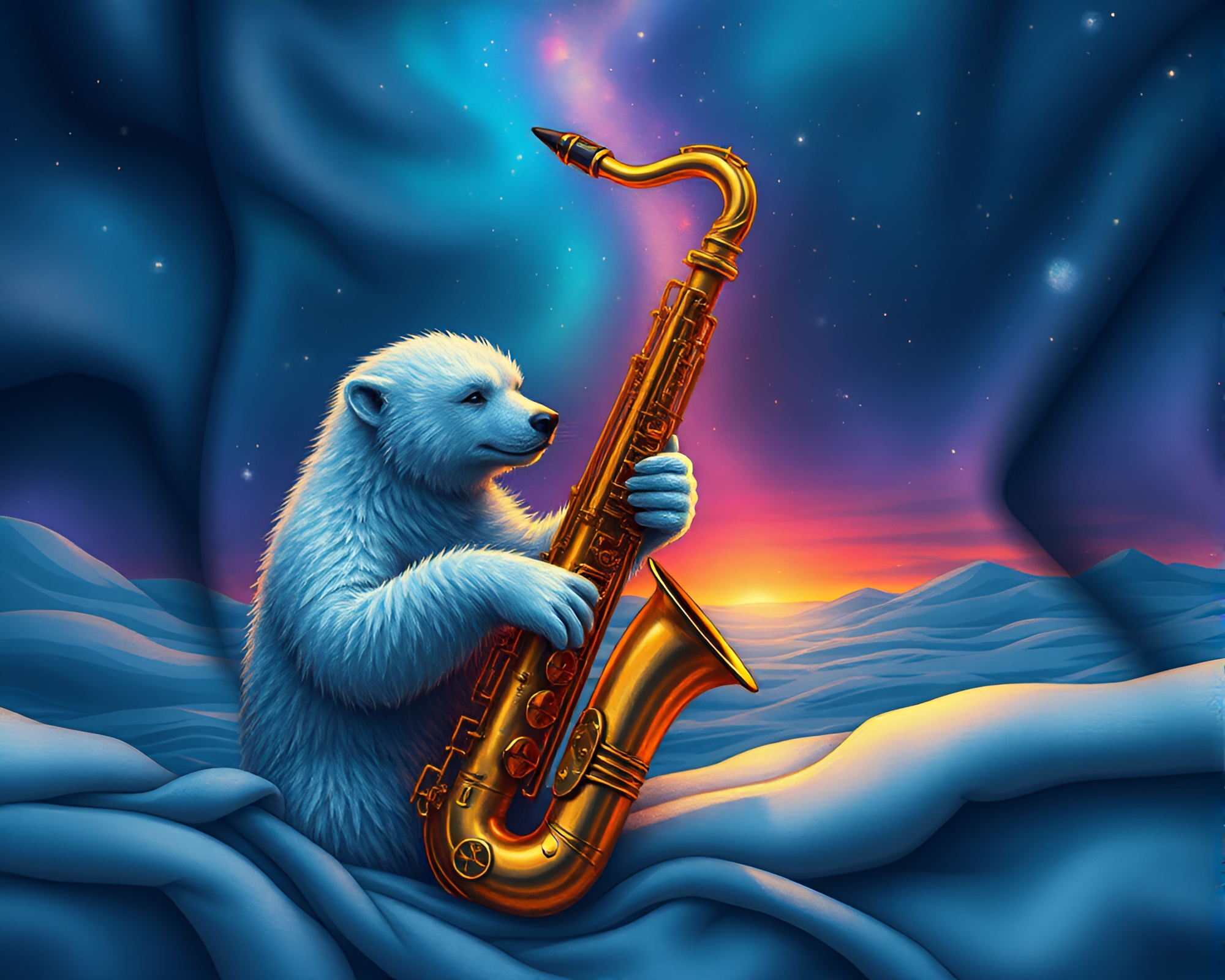 Melodic Saxophone Player in Polar Twilight Fantasy Scene – free AI stock image