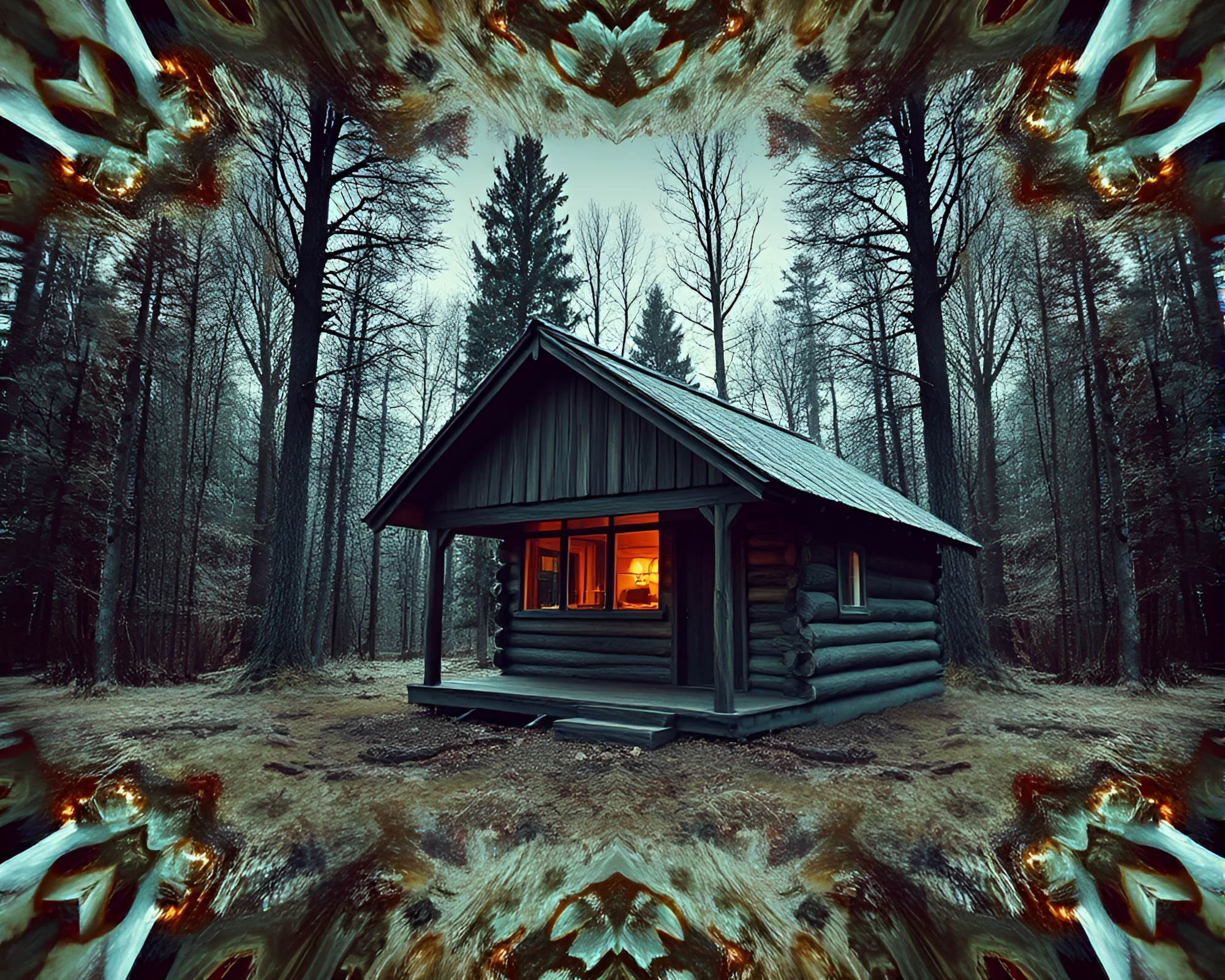 Ethereal Rustic Cabin in X-Ray Vision and Kaleidoscope Light – free AI stock image