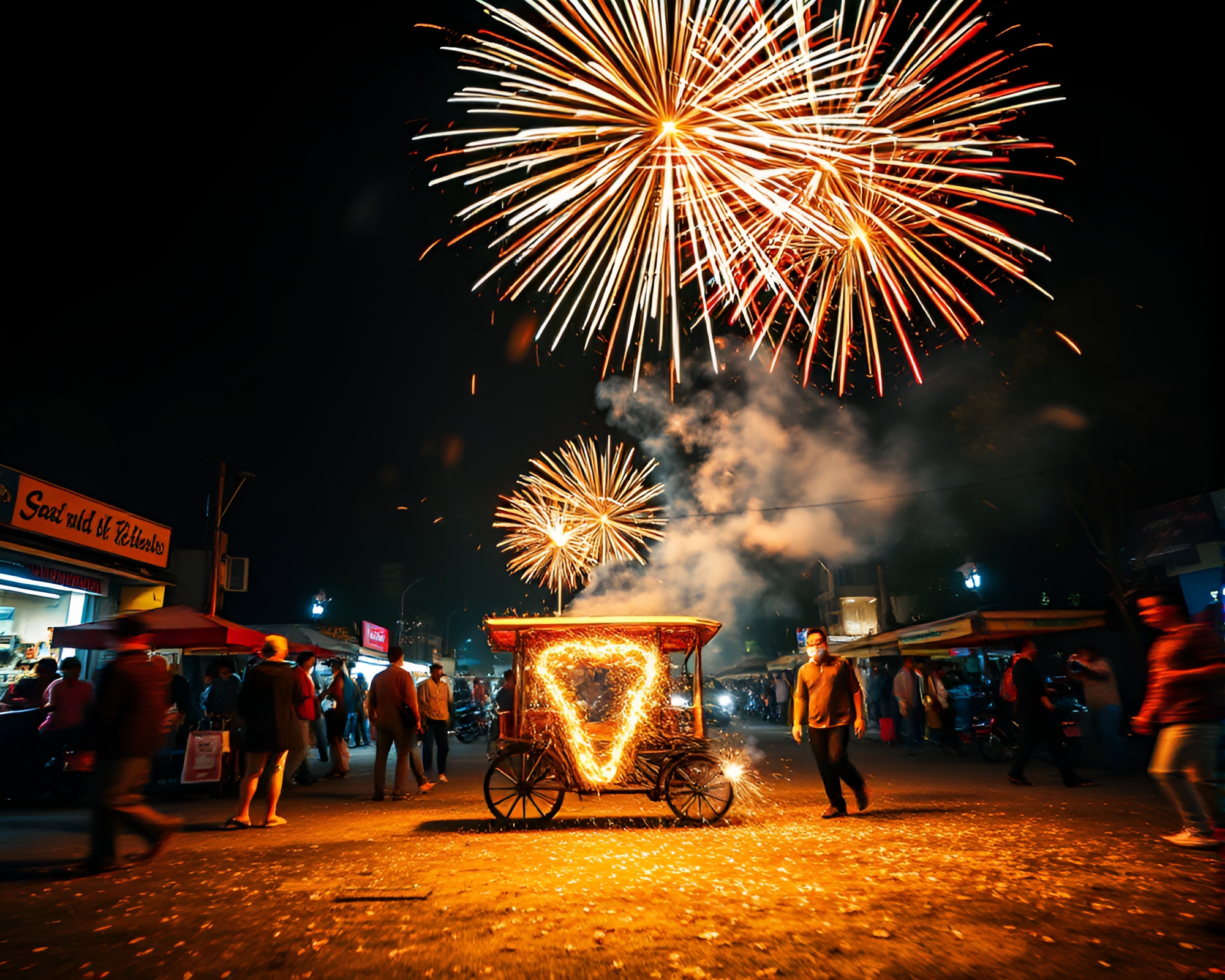 Fresco Rickshaw Journey Amidst Bright Fireworks – free AI stock image