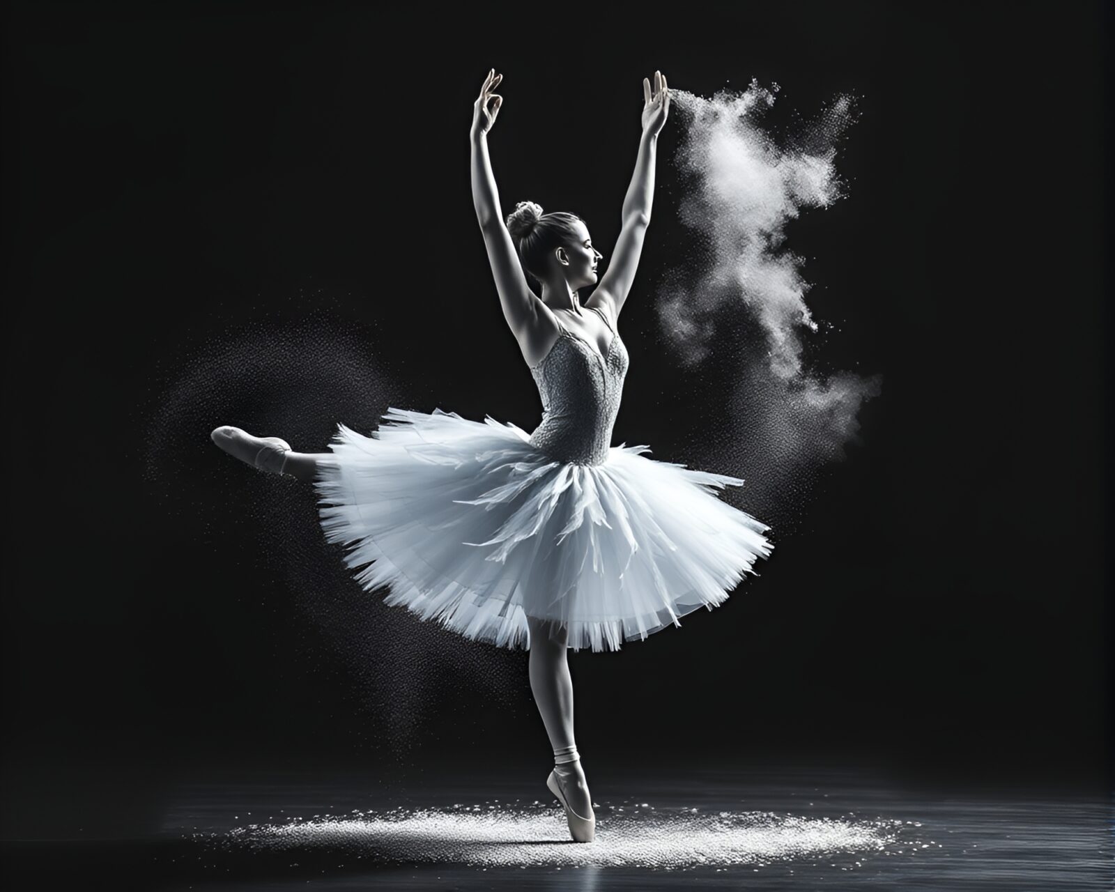 Mysterious ballet dancer surrounded by feathers in blue tones